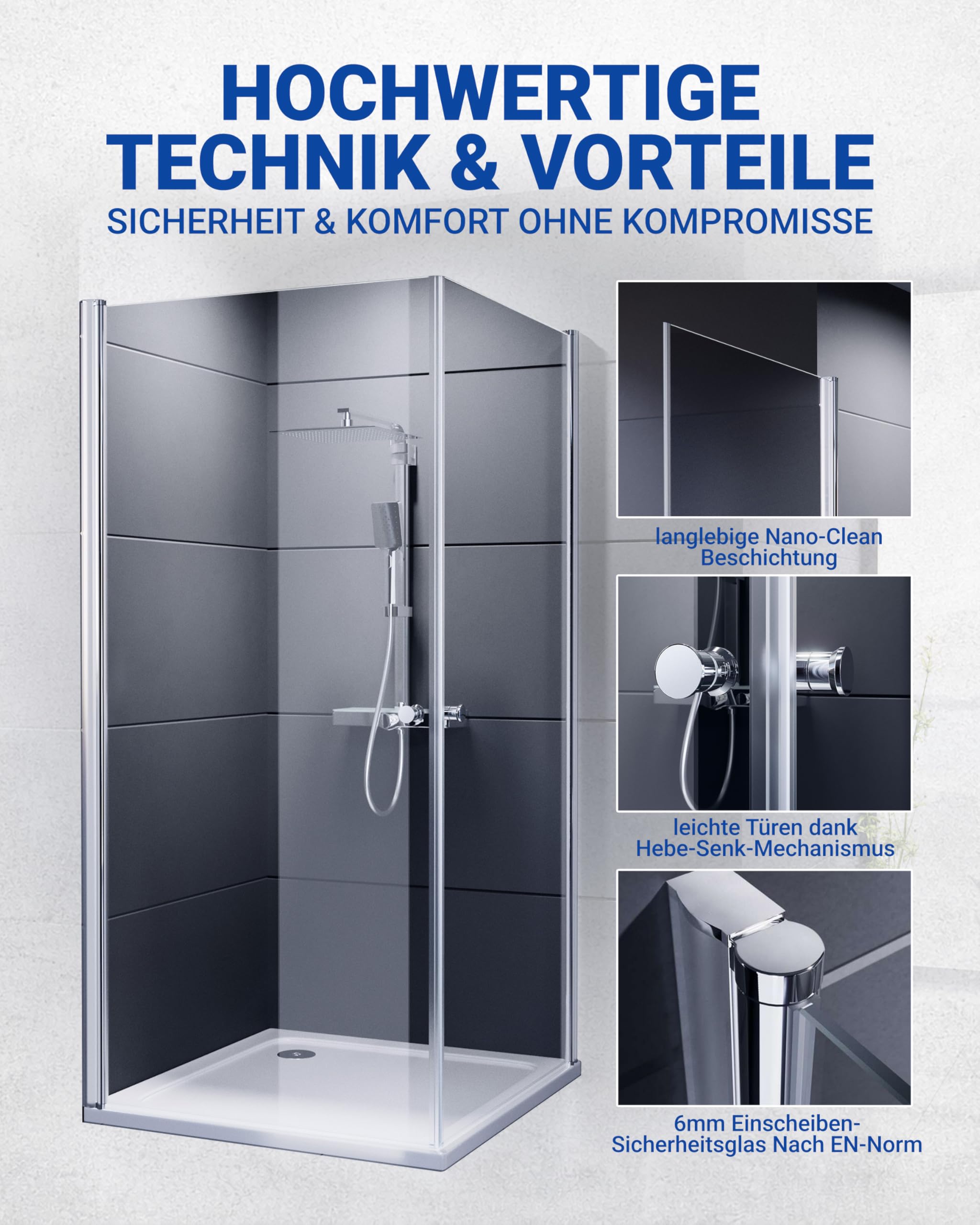 DUSCHMEISTER Glas-Duschkabine 75x75cm Chrom – Eckdusche Eckeinstieg Drehtür, 6mm ESG Sicherheitsglas mit Nano-Clean Beschichtung, Hebe-Senk-Mechanismus, verschiedene Größen