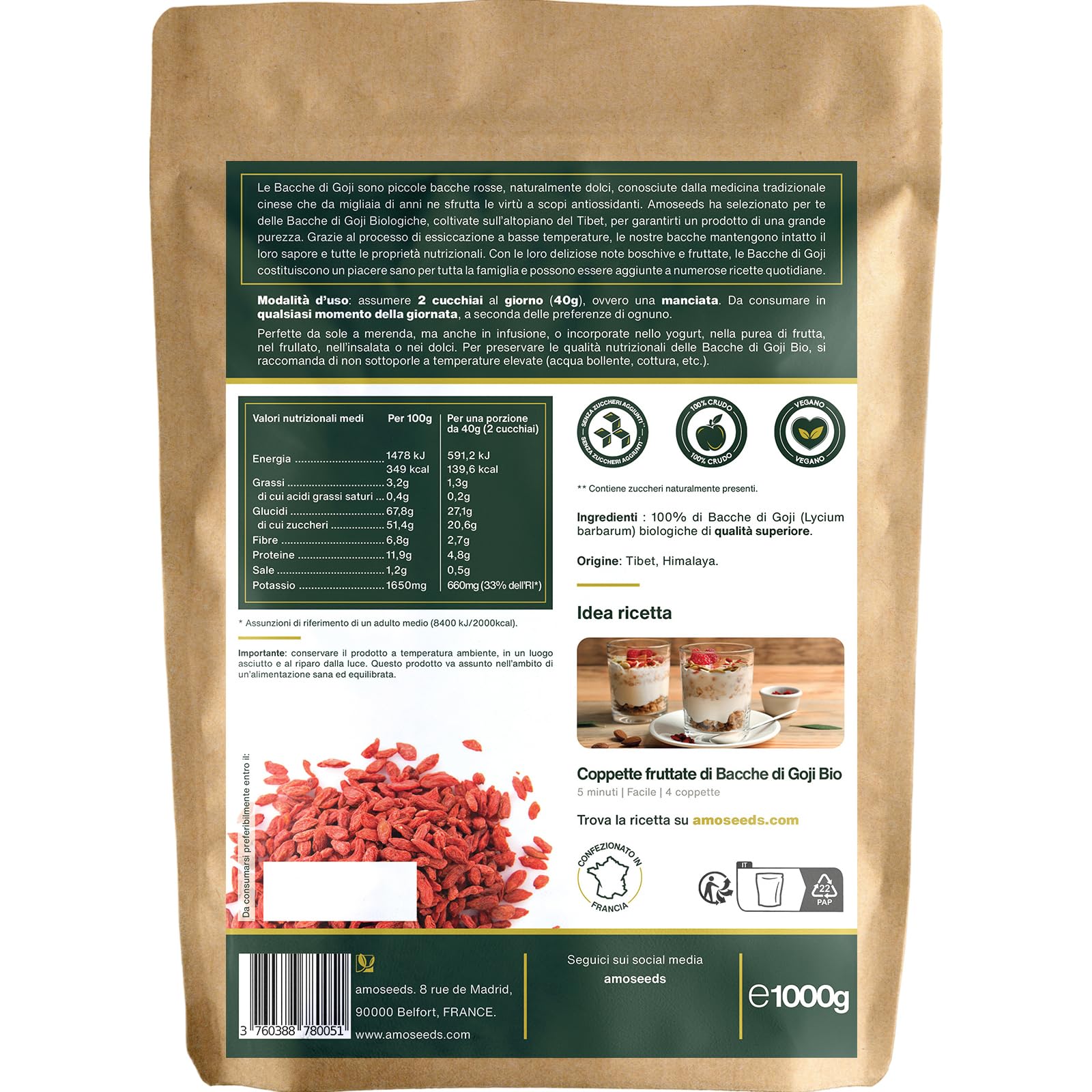 Bacche di Goji BIO 1KG | Himalaya, Essiccate al sol, Senza Zuccheri Aggiunti | 100% crude | Qualità Superiore
