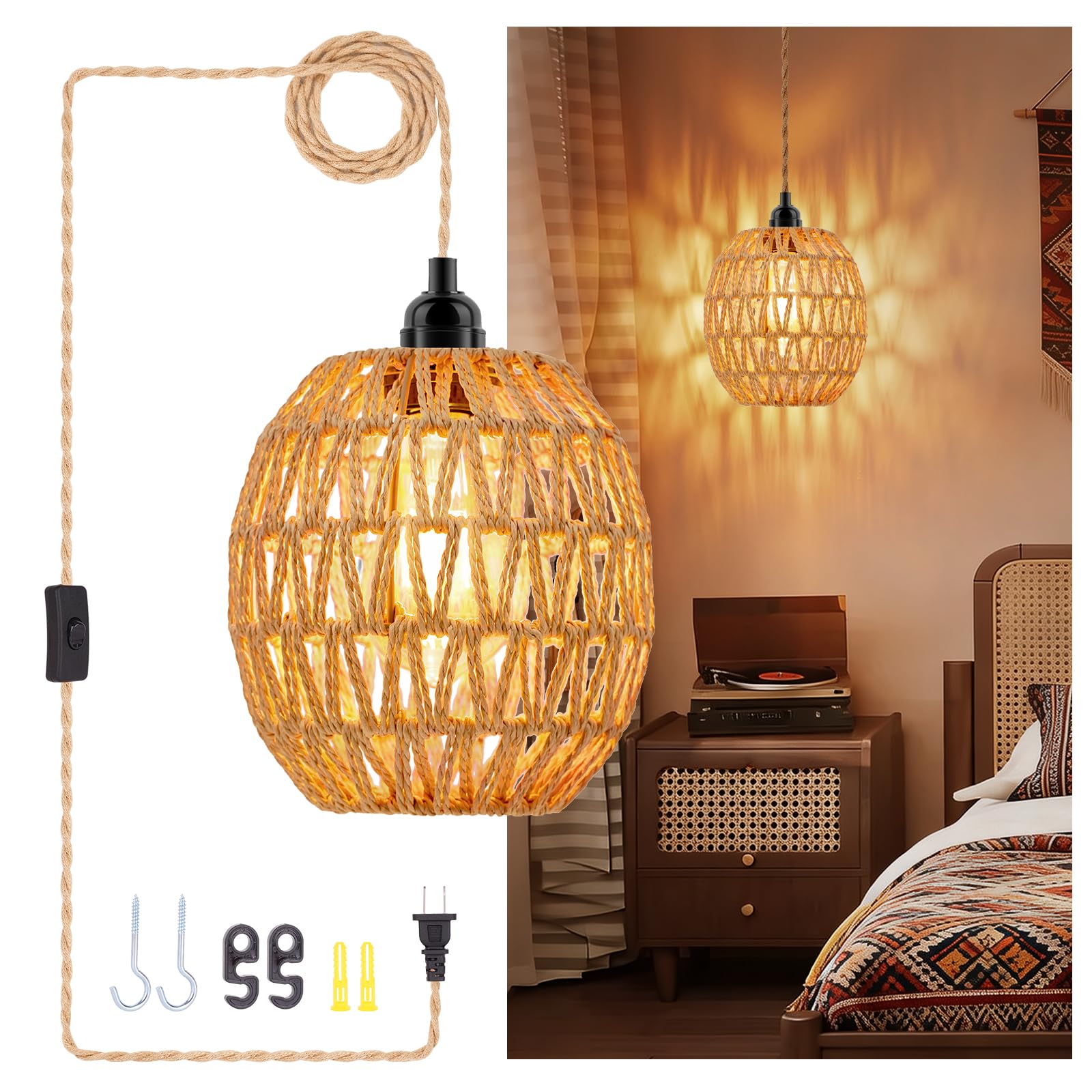 FRIDEKO HOME Plug in Pendant Light Rattan Hanging Lamp