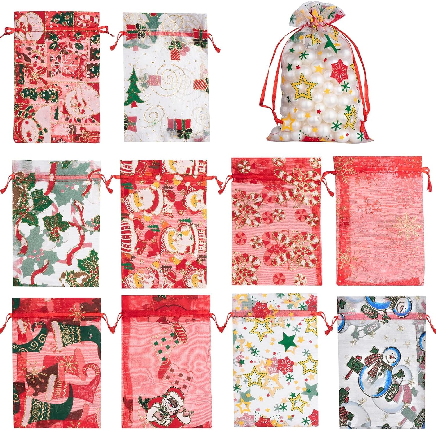 GoClimber 50 PCS 4x6 Inches Mixed Color Christmas Organza Gift Bags with Drawstring, Jewelry Candy Bags for Christmas