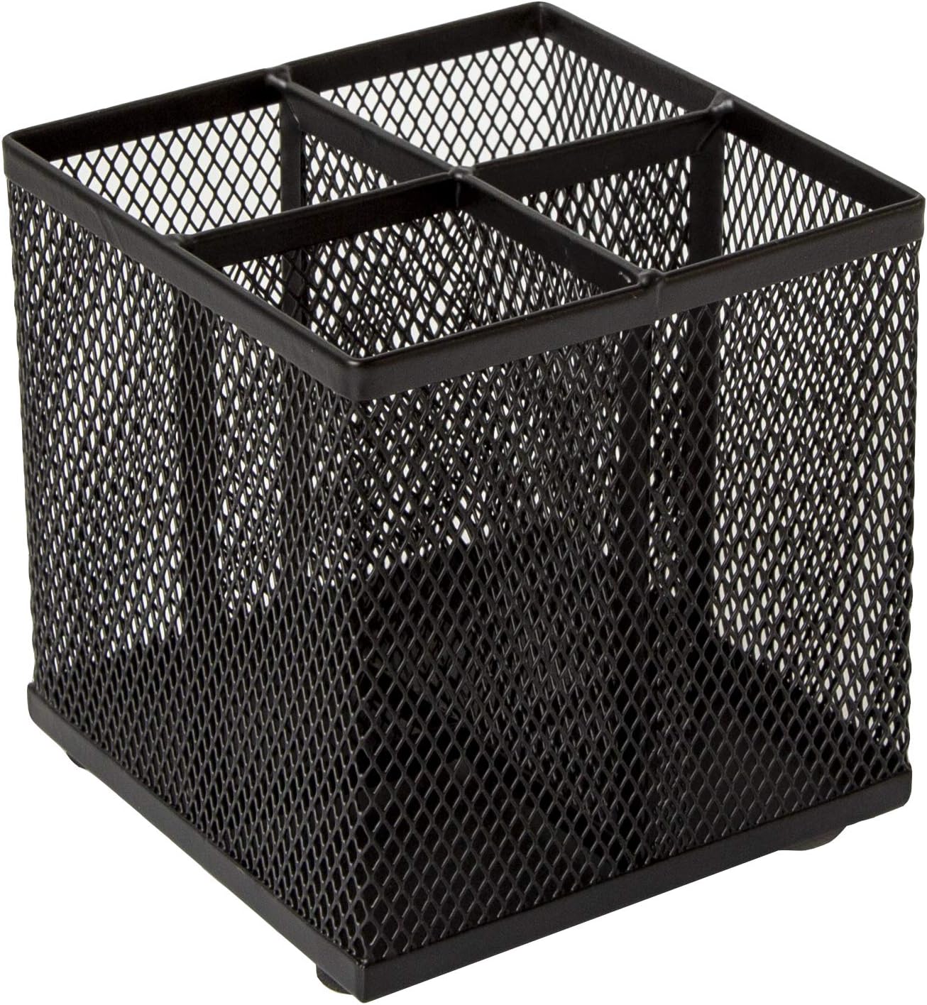 OSCO Black Wiremesh Square Pen Pot, 4 Sections Pencil Holder, Desk Tidy Office Organiser, Makeup Brush Holder Cosmetics Display, Metal Mesh Organiser, H10.5 x W10 x D10 cm, Single, Black