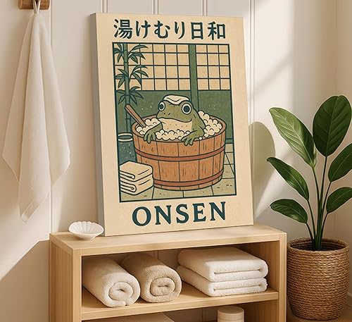 Miniatura 2 de Lienzo de pared de rana japonesa para baño, pintura de rana linda en la bañera, póster vintage divertido de animales, impresión de bañera de bambú,