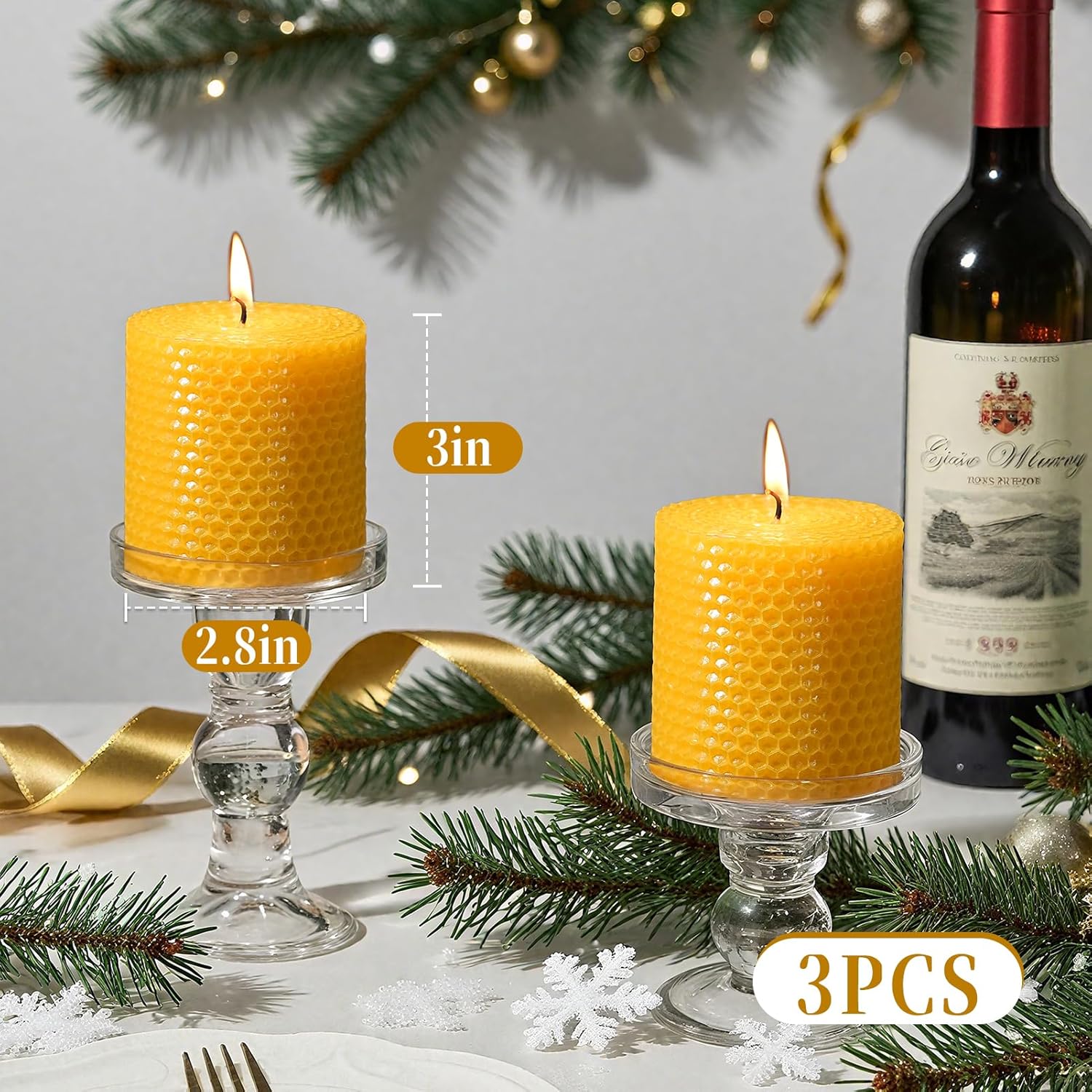 Hand-Rolled Beeswax Candles,2.8x3in-3PCS,All Natural Honeycomb Beeswax Pillar Candles,72 Hours Long Burning Bees Wax Candles for Home,Dripless Smokeless Unscented Honeycomb Pillar Candle - Image 3