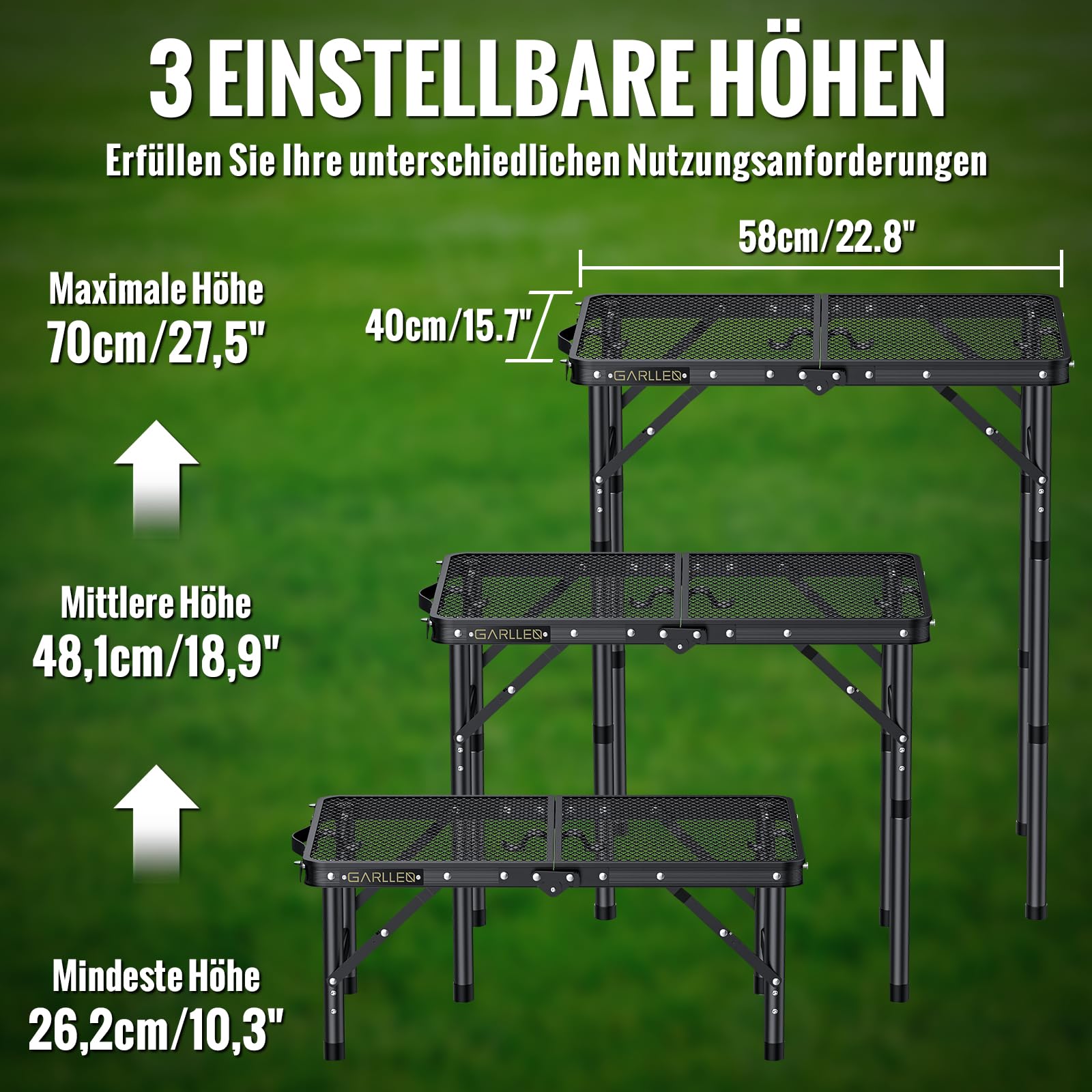 GARLLEN Grilltisch klappbar, 58x40cm & 3 Höhenverstellbar(26/48/70cm), Leicht und Tragbar, Klapptisch Campingtisch Beistelltisch Gartentisch Picknicktisch Kleiner Grill Tisch für Camping(2-Fach)