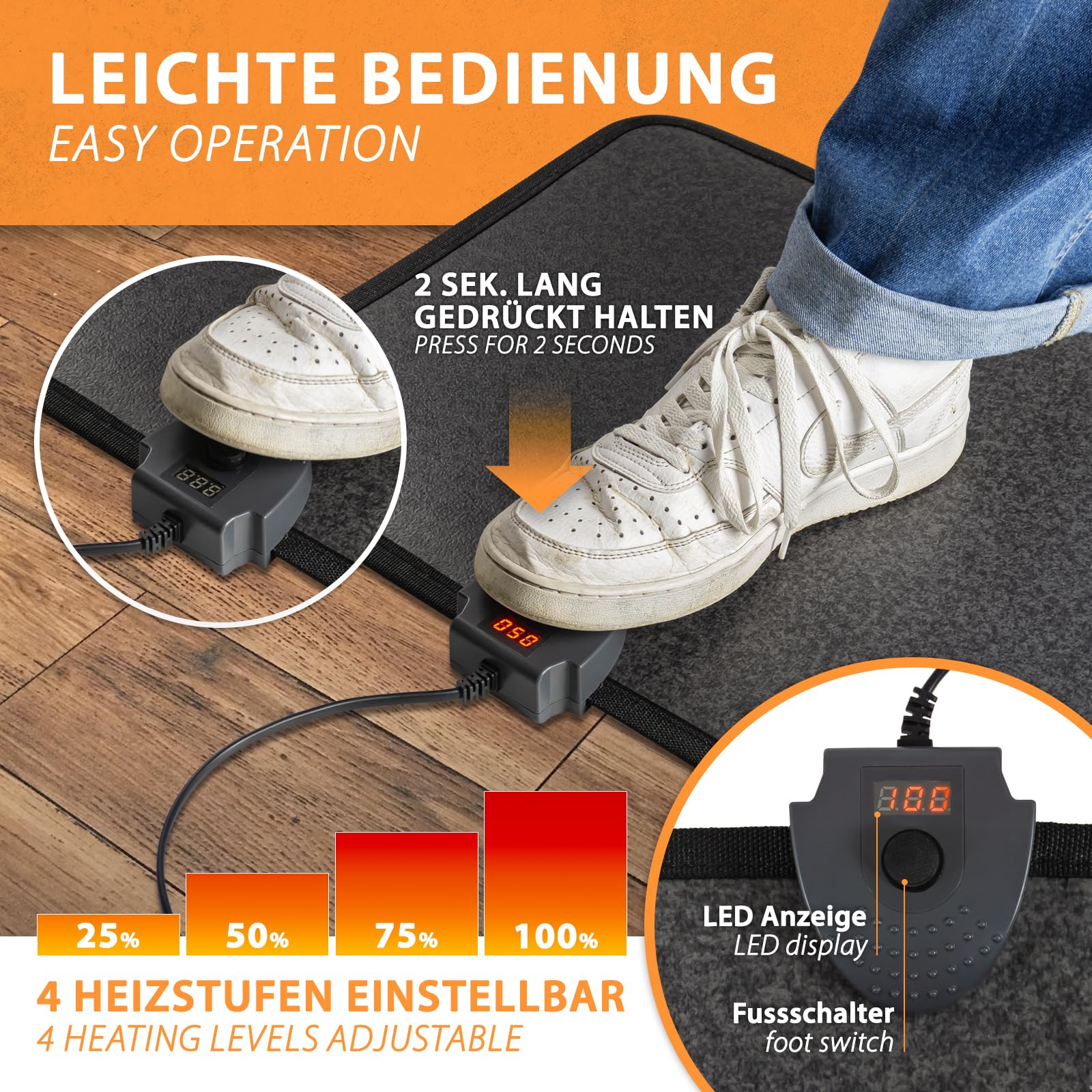 Mi-Heat Infrarot Heizmatte 40x50cm Fußschalter Thermostat 4 Heizstufen bis 45°C Temperatur fester 3 Stunden Timer rutschfeste Rückseite elektrischer PVC Heizteppich leicht zu reinigen