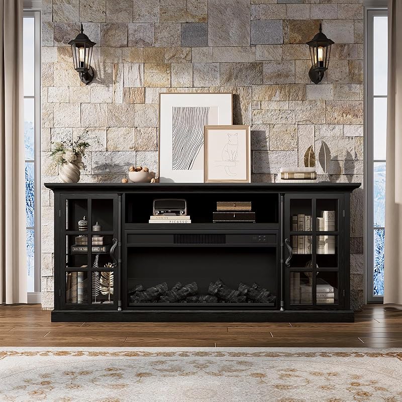 QUW Fireplace TV Stand for 80" TV, 70" Farmhouse Entertainment Center with 30" Electric Fireplace & LED Lights, Modern Media Console with Glass Door Cabinet & Adjustable Shelves for Living Room, Black image 2