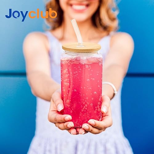 Miniatura 6 de Joyclub Vasos de vidrio con tapas y pajitas de bambú, juego de 8 tazas de café helado reutilizables de 16 onzas, tarros de cerveza para batidos,
