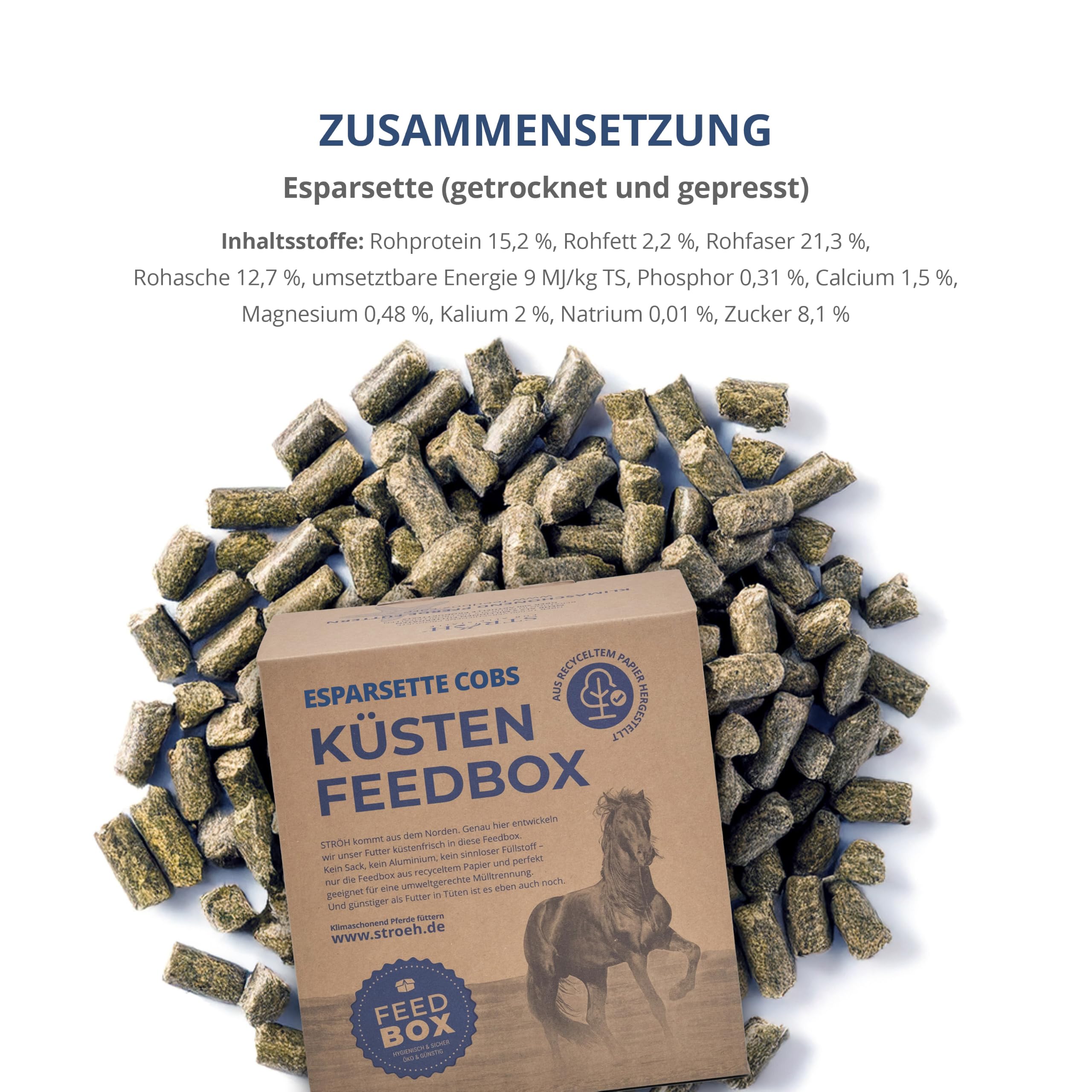 STRÖH Küsten Esparsette Cobs für Pferde - Rau-/Kraftfutter - 30kg Feedbox | Natürlicher Proteinlieferant - Heuersatz mit Aminosäuren, Calcium & Vitaminen - Ohne Stärke & Melasse - Magenfreundlich