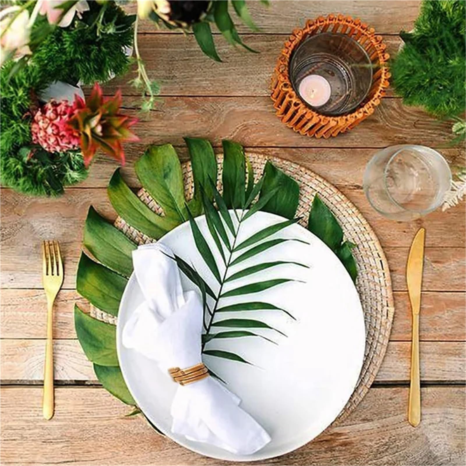 Lot de 12 ronds de serviette en bambou naturel rustique, décorations de table faites à la main