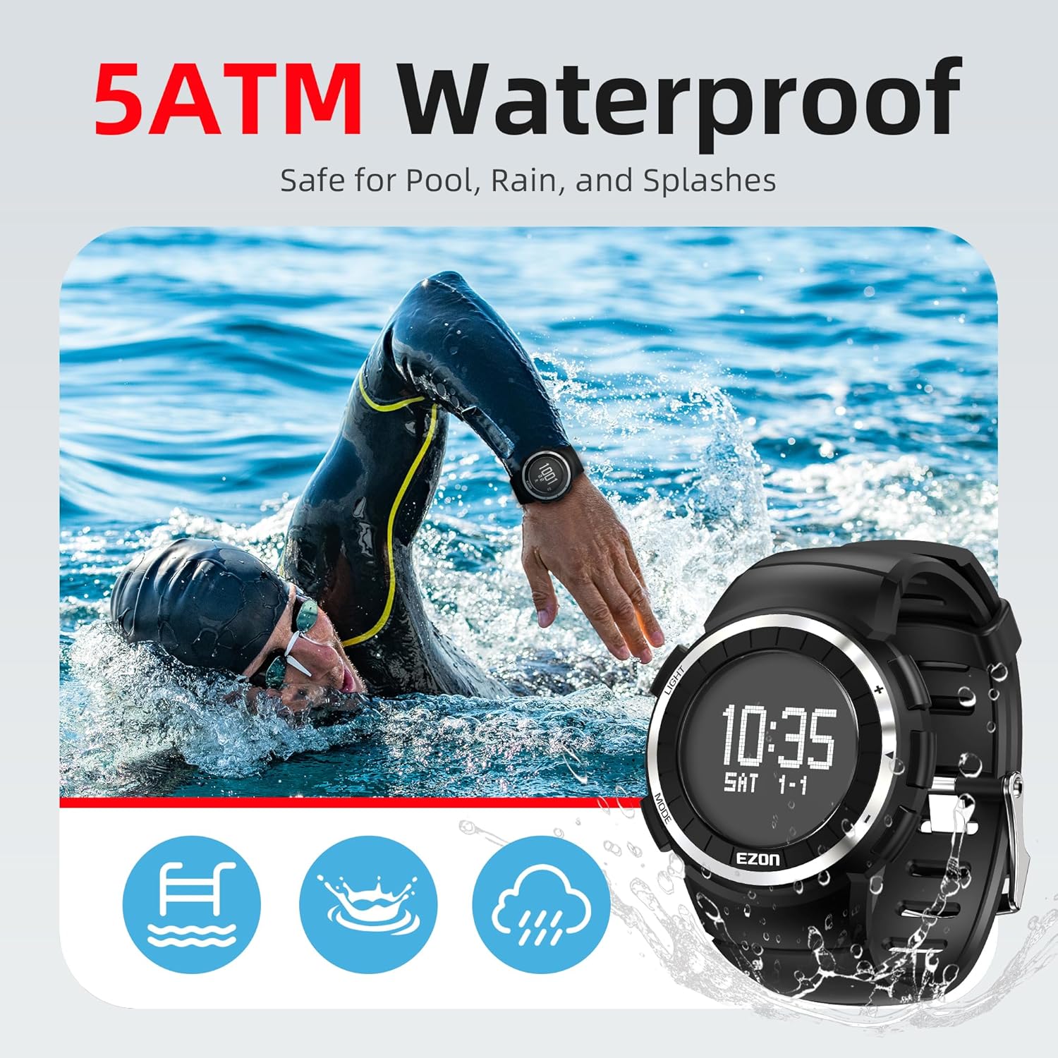 EZON T029 watch on a swimmer's wrist in a pool, demonstrating 5ATM water resistance