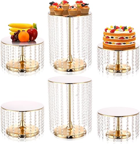 Juego de 6 soportes de metal para tartas con colgante de cristal, plato redondo para exhibición de postres, pedestal para bodas, fiestas,