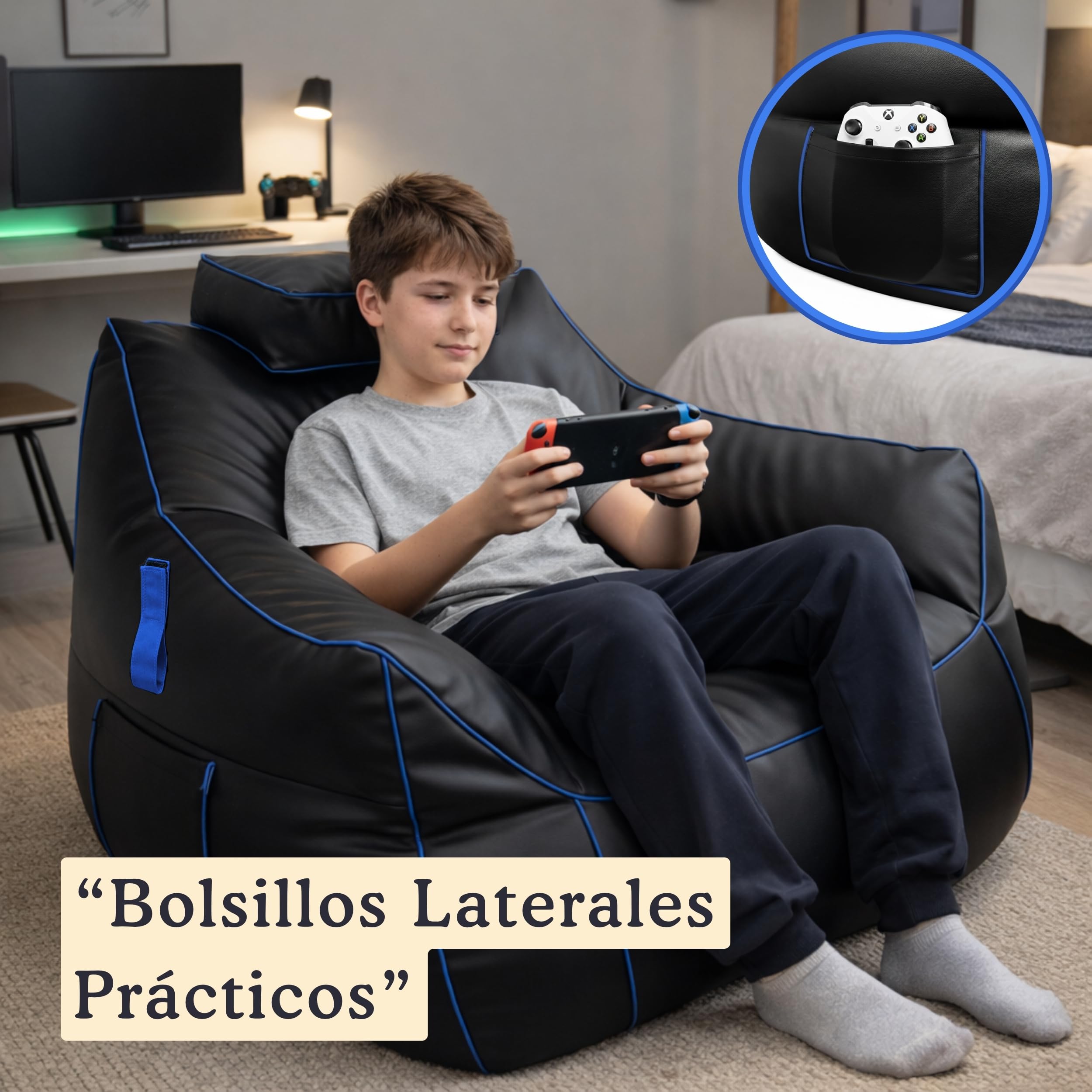 bananair - Puff Gamer XXL - Confort Estable - Relleno de Espuma - Reposacabezas Ajustable y 2 Bolsillos - Apto para Adolescentes y Adultos para Juegos, TV y Relajación (110×100×90 cm, Azul)