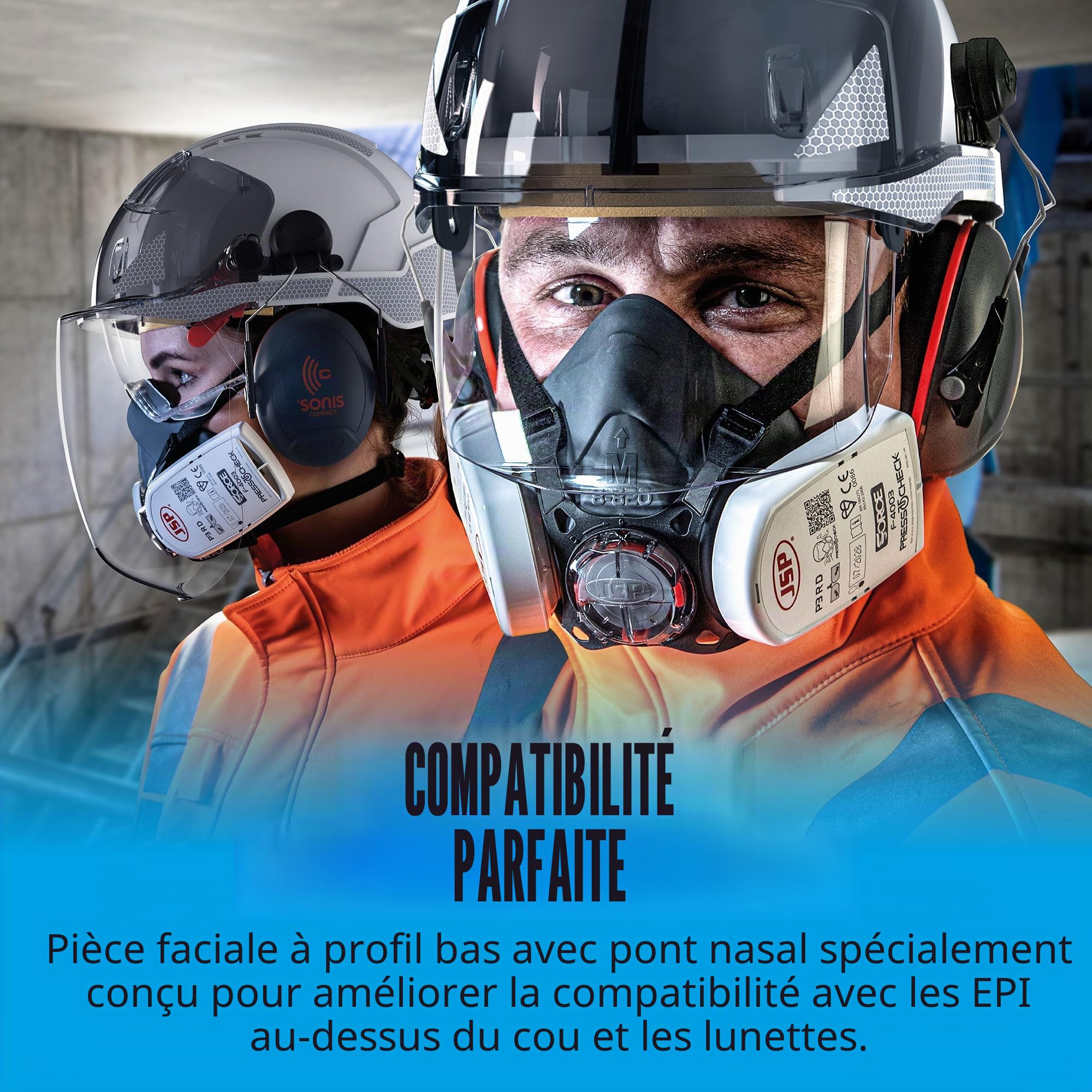 JSP FORCE 8 Masque Respiratoire Filtres P3 PressToCheck™ - Réutilisable - Protection Poussières Fines, Quartz, Bois, Glyphosate, Moisissures, Aérosols - Bricolage, Industrie - EN 140 & EN 143
