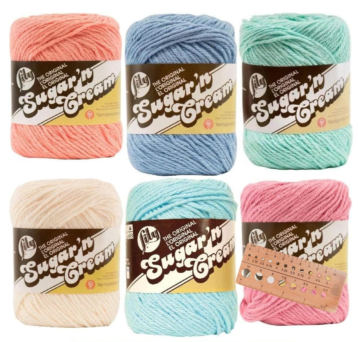 Variety Assortment Lily Sugar 'n Cream Yarn Bundle 100% Cotton Worsted #4 Weight Solids & Ombres with Needle Gauge (Mix 241)