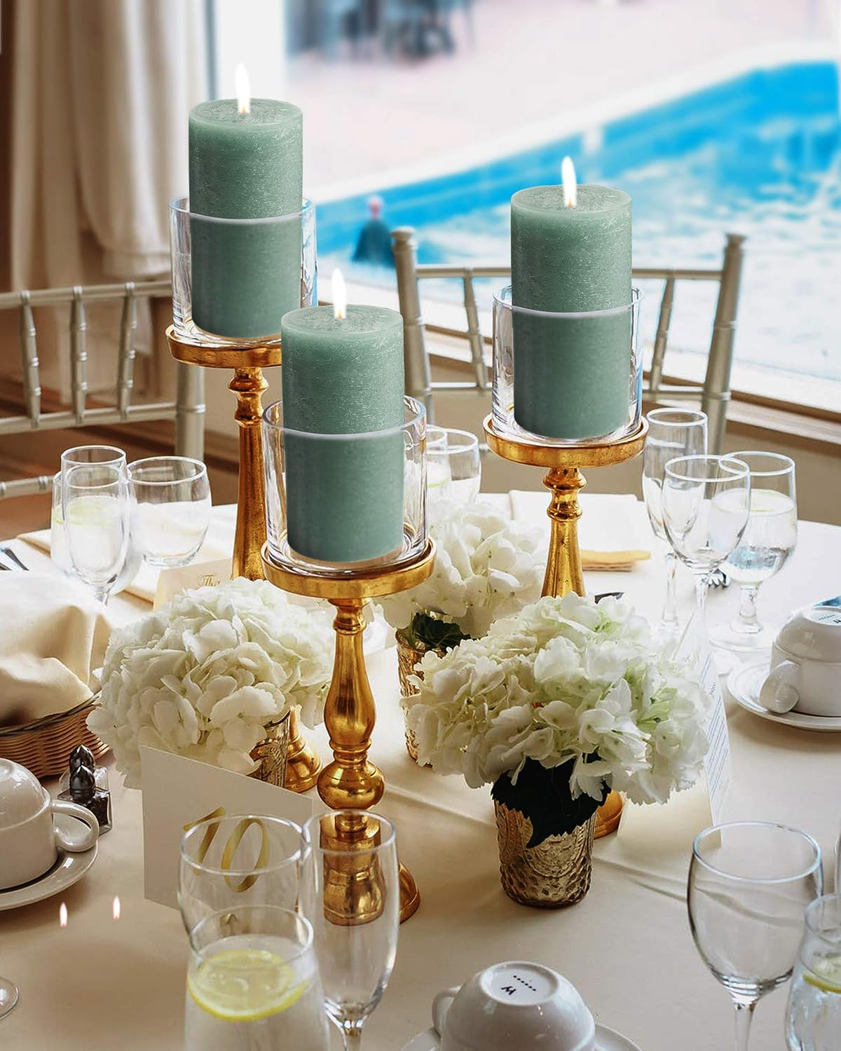 Mottled Pillar Candles by Bask - Set of 6-3" x 6" Dripless Unscented Candles in Dark Green for Home Decor, Relaxation & All Occasions