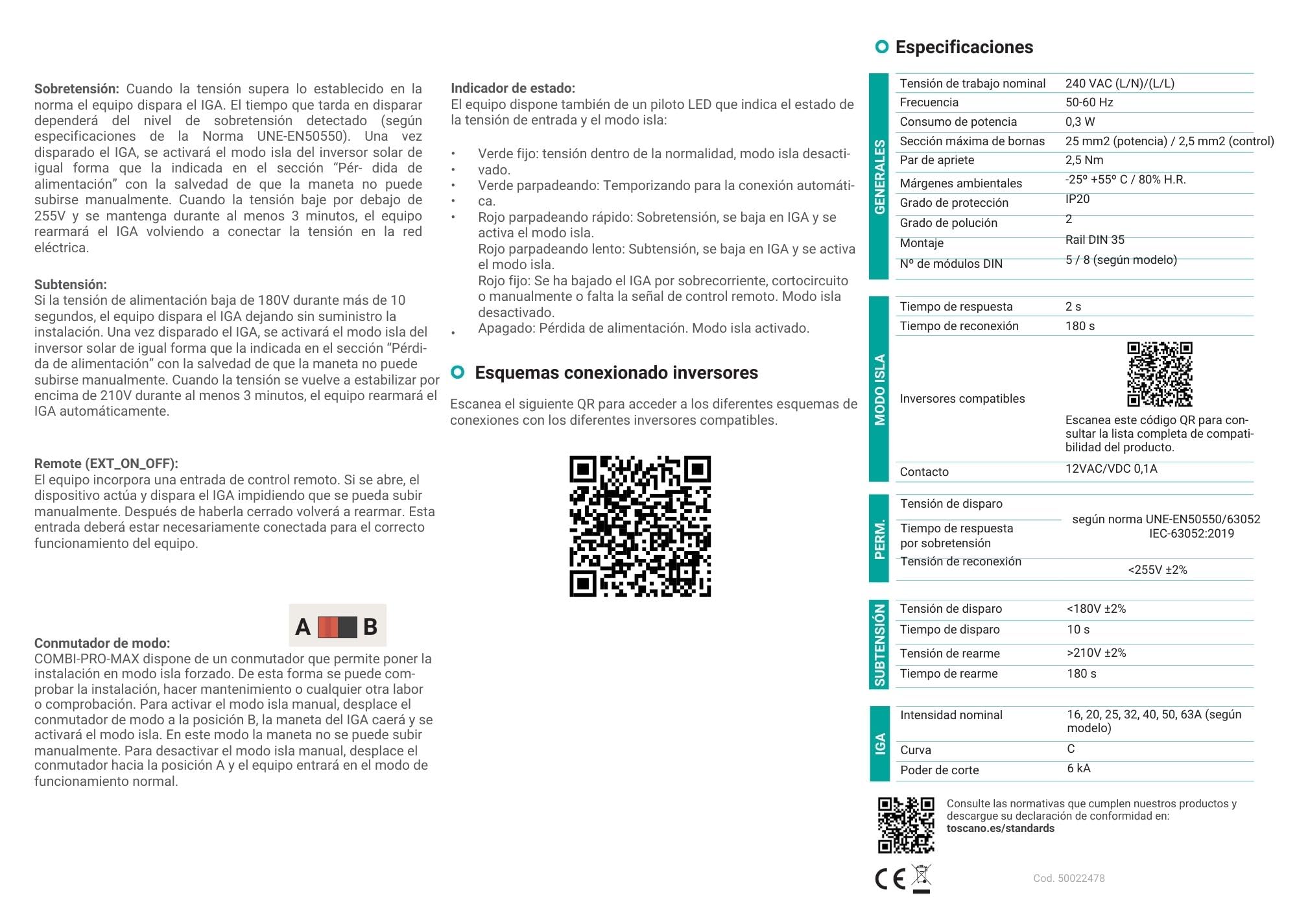 Tóscano 10004923 COMBI-PRO-MAX-2P40 | Backup y Modo Isla | Sistema de Control y Protección para Instalaciones Fotovoltaicas | IGA 2P 40A 6KA 230VAC con Protección de Sobretensiones