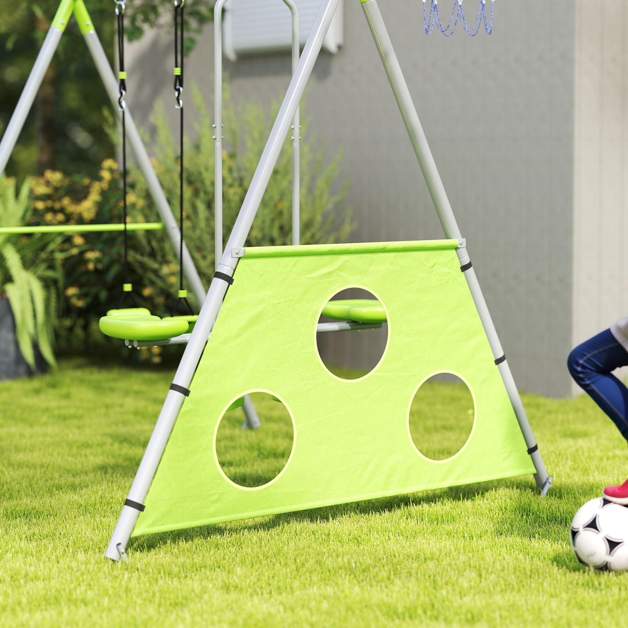 AIYAPLAY Balançoire Portique pour Enfant 4 en 1 pour 4 Enfants 135 kg Vert | 1 Agrès, 1 Face à Face, Panier de Basket-Ball, But de Football, Balançoire Enfant Extérieur, pour 3-8 ans