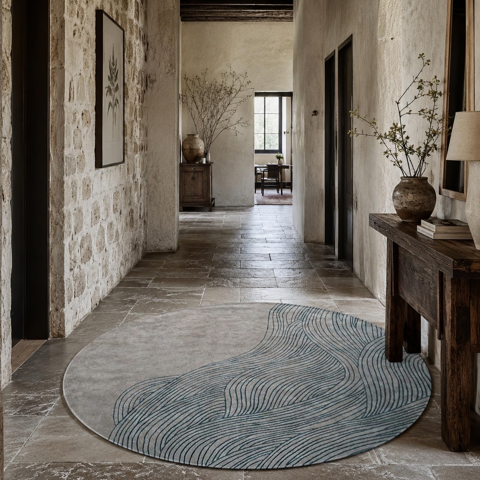 Tapis rond abstrait moderne beige bleu gris 170cm moquette salle de séjour