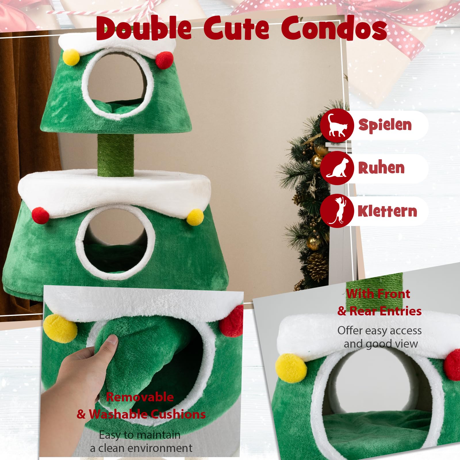 SOARS Árbol Rascador de Navidad para Gatos 153 cm, Grande Con Cama, Cojín Extraíble, Poste Rascador, Bolas de Pelo y Juguete Estrella