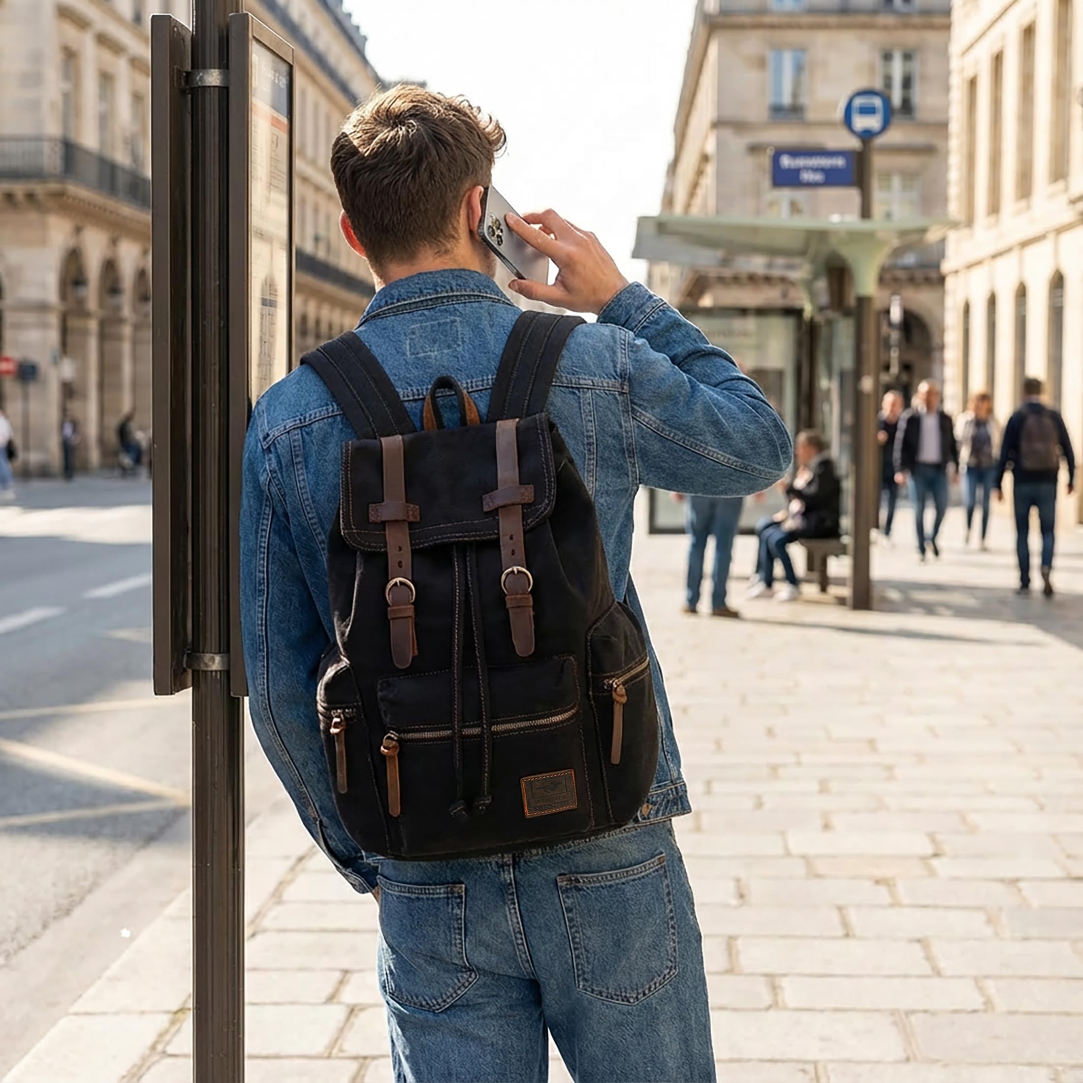 Retro Mochila Hombre Lona Mochila Portatil 15,6 Pulgadas Vintage Canvas Mochilas de Viaje Casual Daypack para Trabajo Camping Senderismo Universidad Bolsas Escuela Negro
