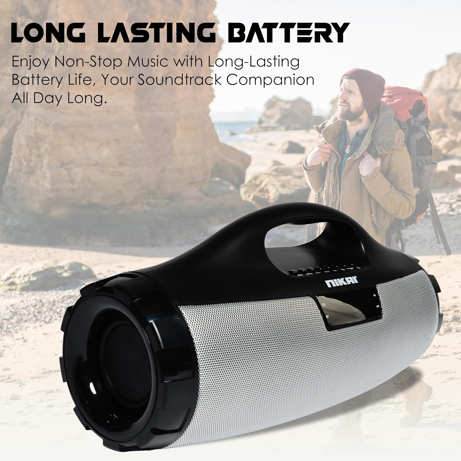 Nikai NBTS30 speaker on a beach with a person, highlighting long battery life