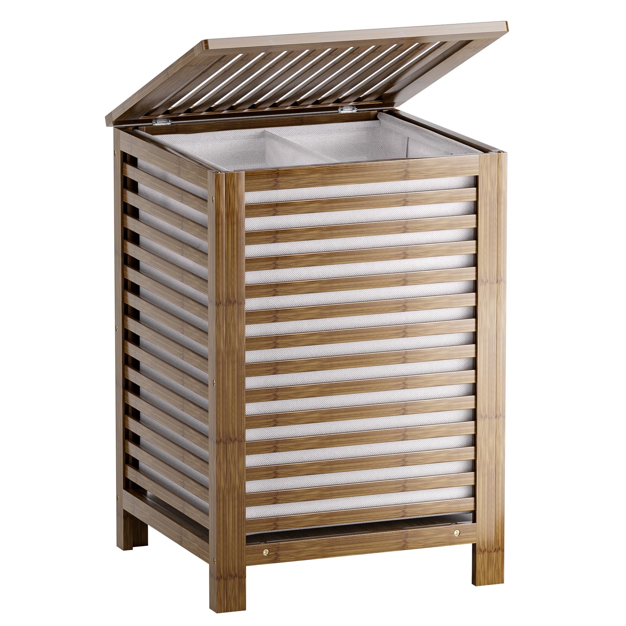 SMIBUY Double Laundry Hamper with Lid, 120L Bamboo Laundry Basket with Removable Liner Bag, 2-Section Clothes Divider Laundry Sorter for Laundry Room, Bathroom, Bedroom (Walnut)