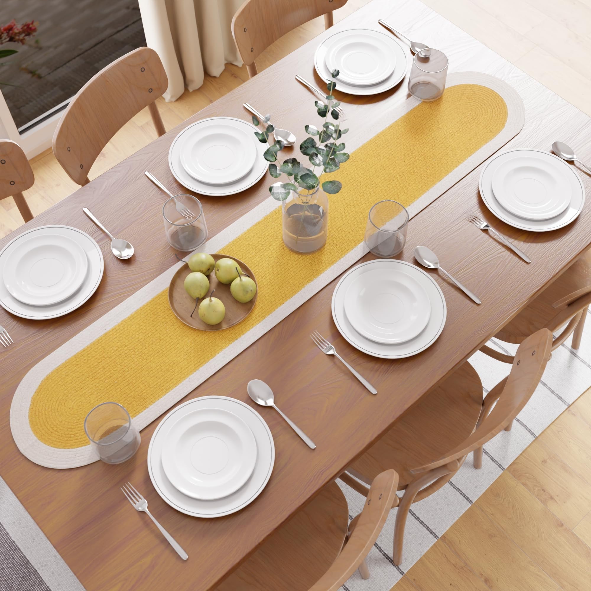Encasa XO Dining Table Runner, Ribbed Cotton Cloth 30x137 cm Yellow