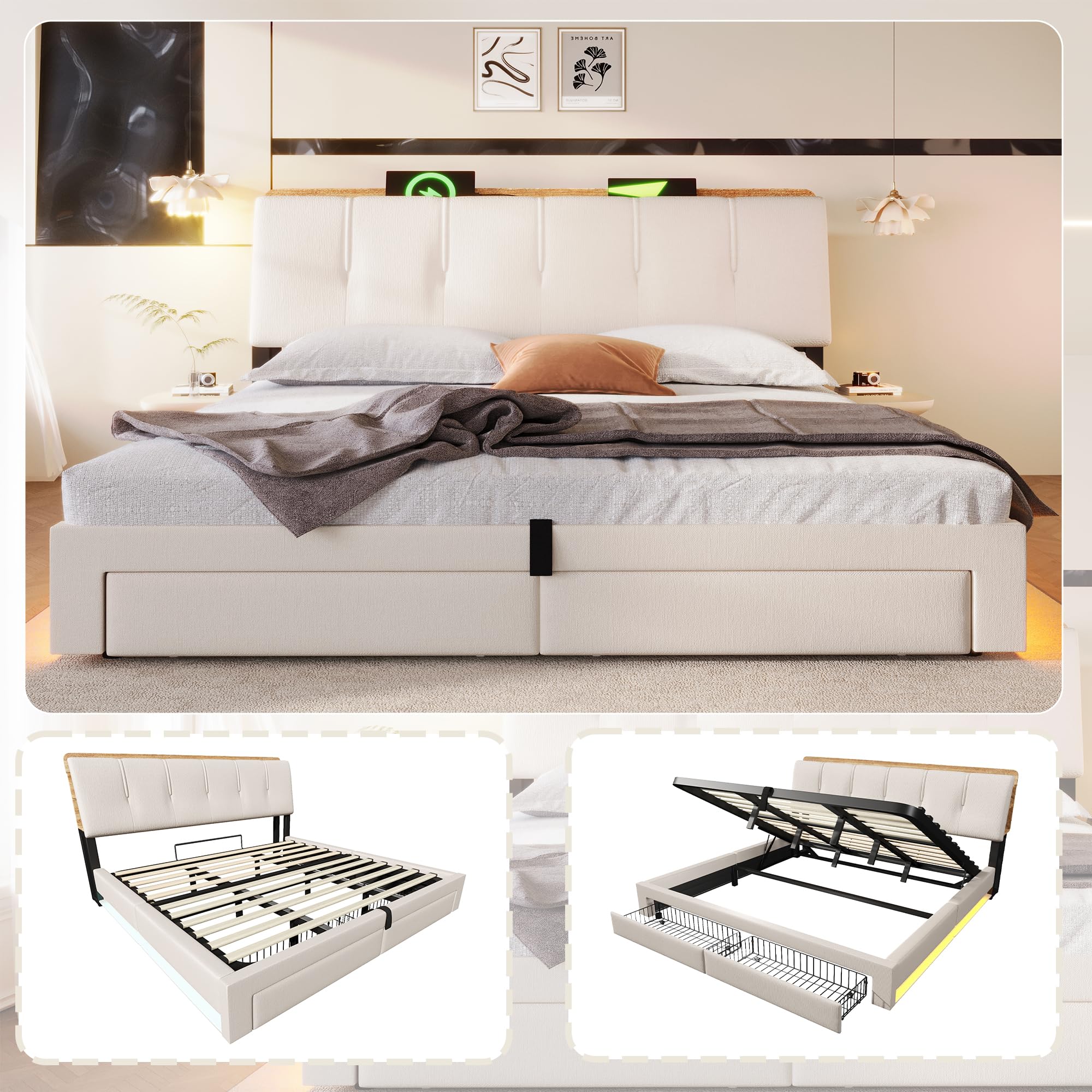 Lit Coffre 180x200 cm, Lit Double à Levage Hydraulique, Cadre de lit avec Prises USB/Type-C, Éclairage LED, 2 Tiroirs, Rangement Multifonctionnel, Sommier à Lattes en Bois, Lin, Beige
