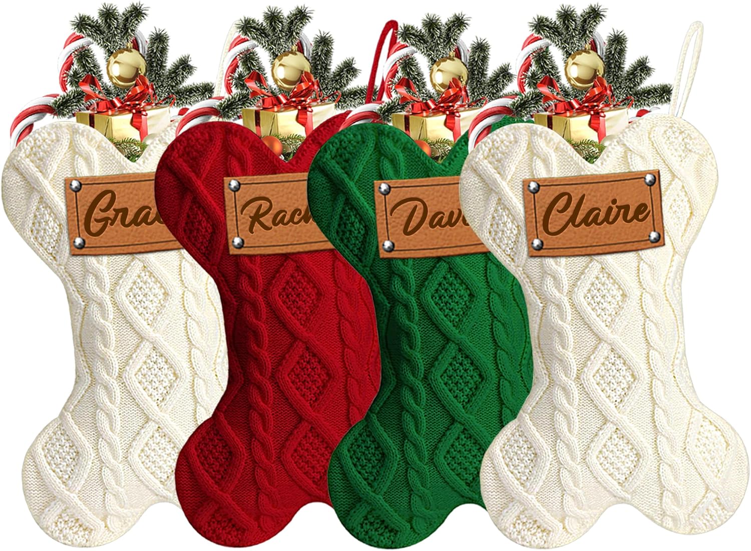 MATONGO Personalized Pet Dog Christmas Stocking, Custom Bone Knit Christmas Stocking Large 16.5 Inch with Laser-Engraving Name, Customized Xmas Stocking, Gifts for Family Kids-Set of 4