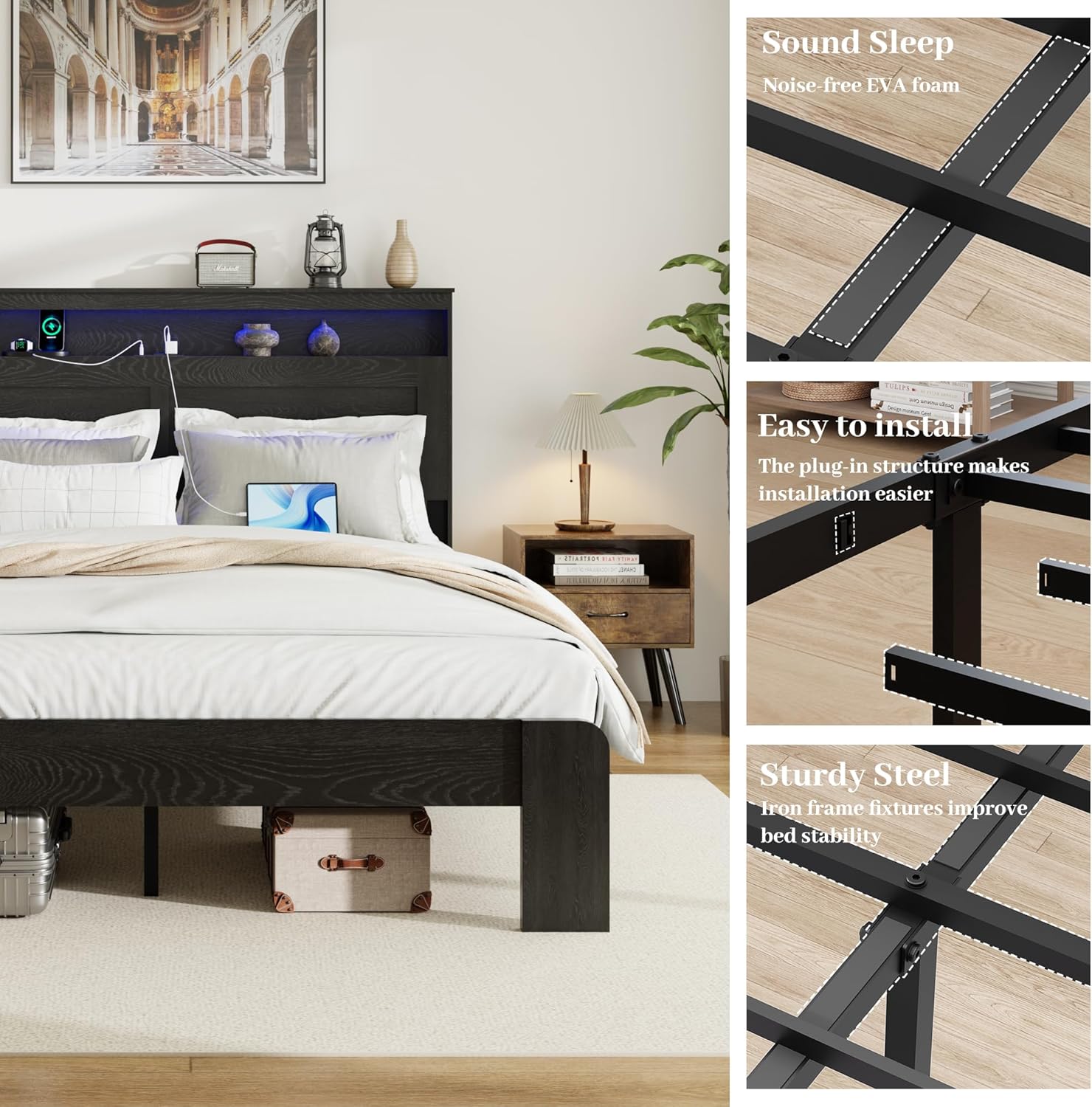 King Size Wooden Bed Frame with Headboard, Rustic Farmhouse Wooden Bedframe with LED Lights and Charging Station, Easy Assembly, No Box Spring Needed (Black, King)