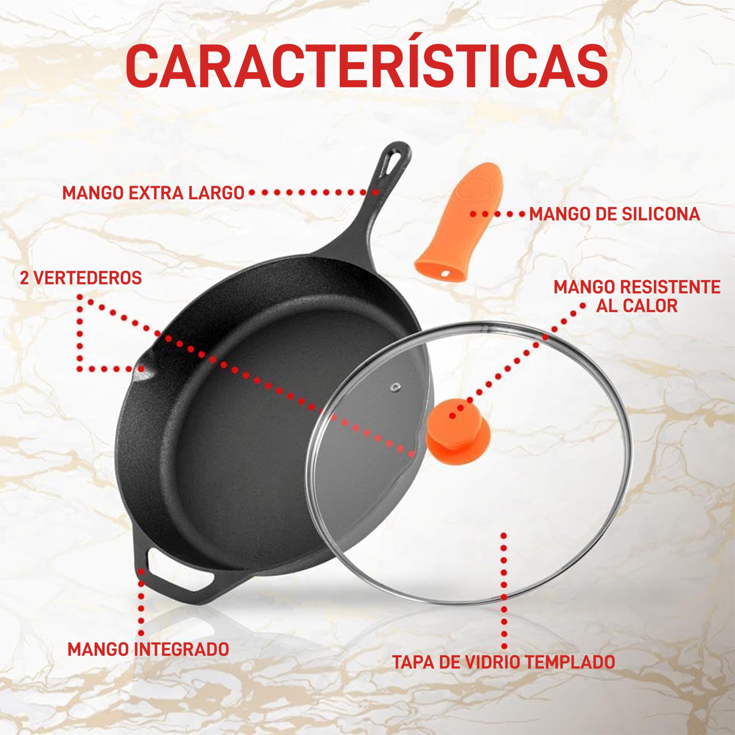 NutriChef Sartén de Hierro Fundido de 30,5 cm con Tapa, Apto para Horno, Antiadherente, Mango de Silicona, Para Todas las Cocinas