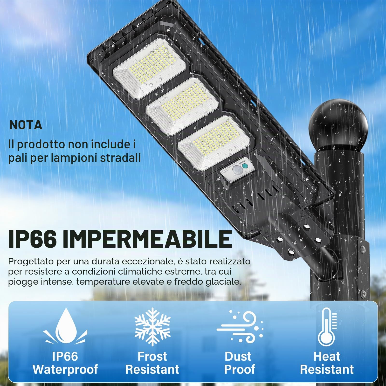288 LED Lampioni solari esterno Accensione crepuscolare bianca 6000K | Sensore movimento radar, telecomando, illuminazione temporizzata, palo non incluso, IP66, per giardino e parcheggio
