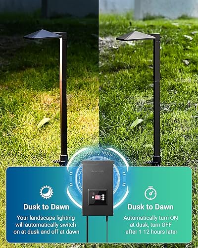 Miniatura 5 de DEWENWILS Transformador de bajo voltaje de 200 W con 3 salidas de control independientes, transformador de paisaje con temporizador y sensor de