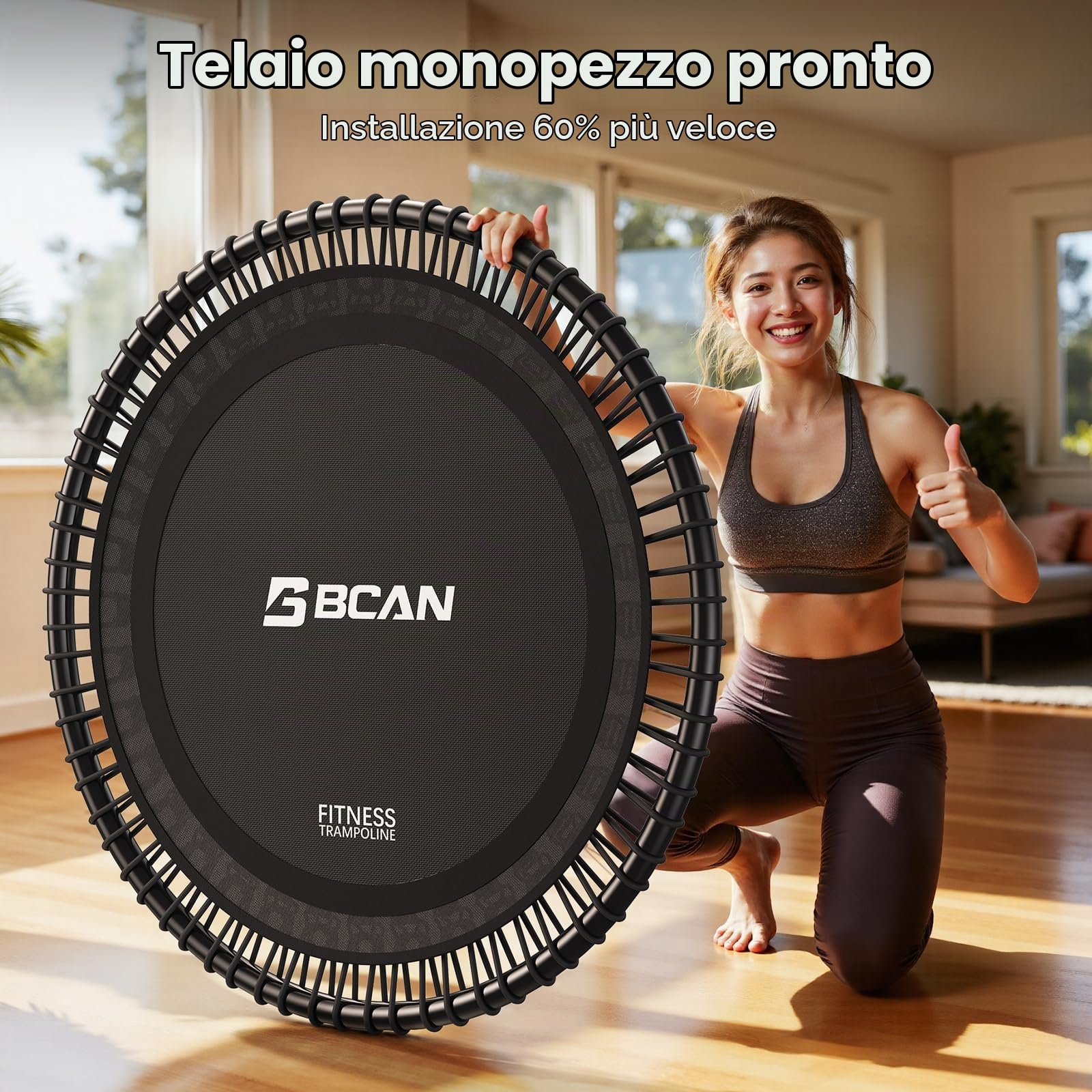 B BCAN BT4 Soft Land Pro - Trampolino elastico elastico da 96/102/122 cm, capacità 227 kg, elastico a tensione regolabile, telaio monopezzo, supporto per telefono e 2 paia di calzini