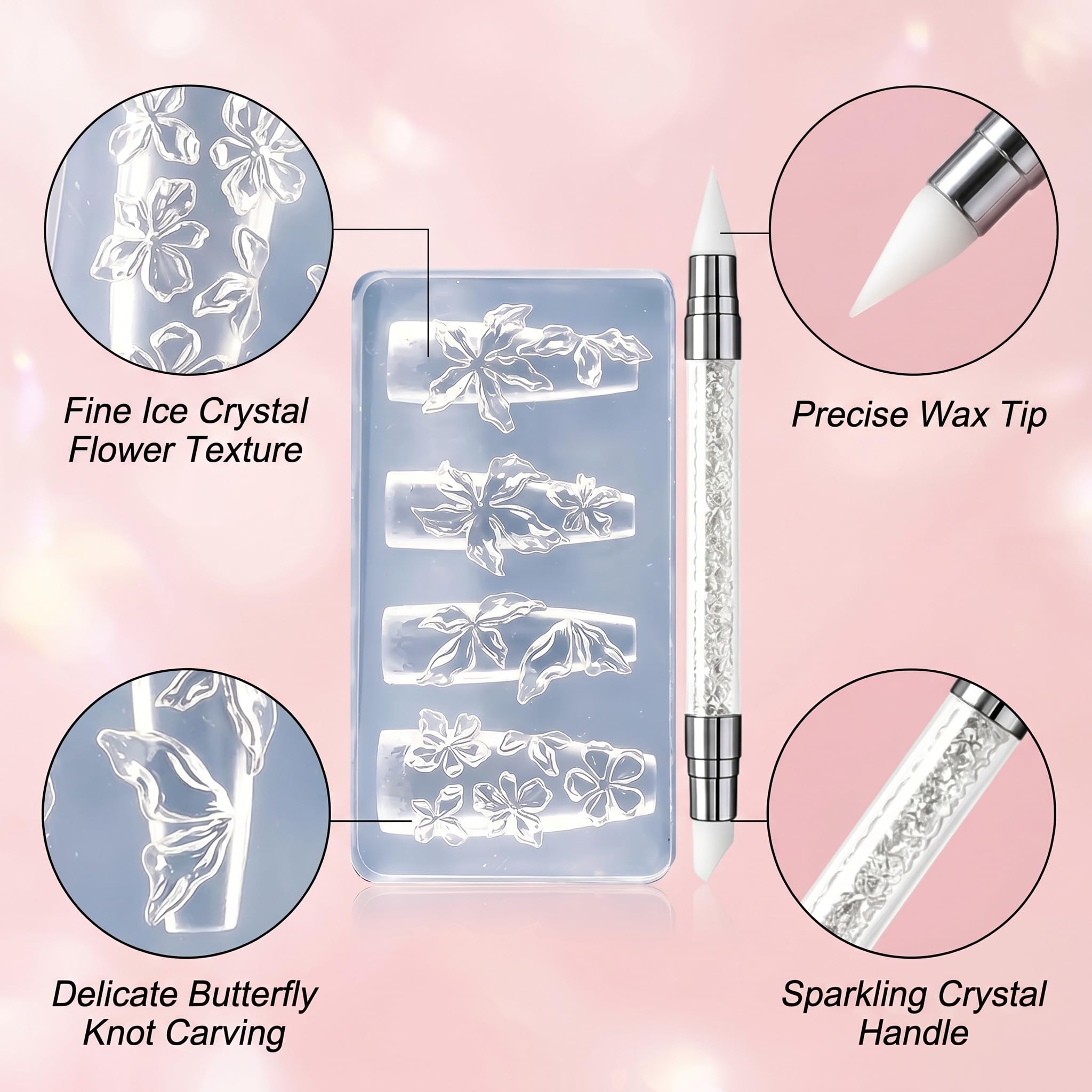 2 Pezzi Stampi per Unghie in Silicone 3D con Penna, Formine per Decorazioni Nail Art a Forma di Fiori e Fiocchi, Stampo Trasparente per Manicure Fai da Te, Accessori Professionali per Unghie