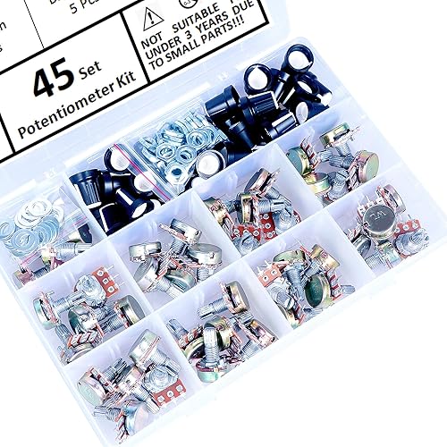 Miniatura 8 de WH148 Kit de potenciómetro – 45 juegos 1K 5K 10K 20K 50K 100K 250K 500K 1M Ohm Tipo B Potenciómetros lineales, eje de 0.59 pulgadas con perillas,