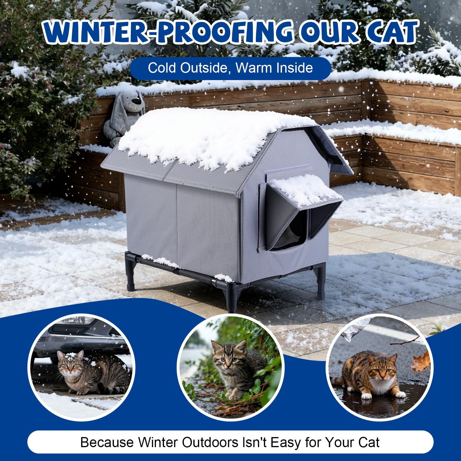 Katzenhaus Für Draußen Winterfest, Haus für verwilderte Katzen Wasserdicht Wetterfester, Katzenhaus Outdoor mit erhöhter Basis, Hundehöhle Waschbar Hundehaus Tierheim Für Streuner Haustiere