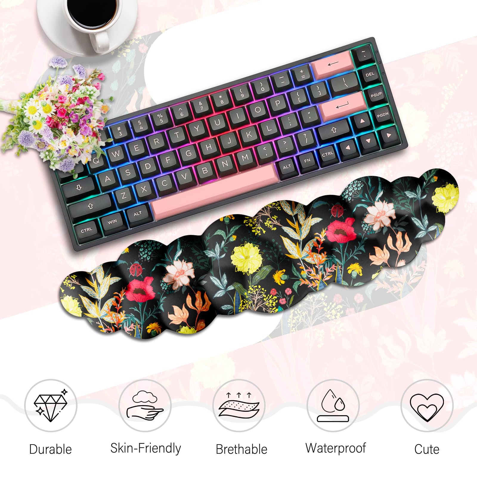 JIKIOU Ensemble de repose-poignet en tissu Lycra imperméable pour clavier avec motif de fleurs et nuage - Accoudoir mignon pour paume - Accessoires de bureau pour jeux sur PC, ordinateur de bureau
