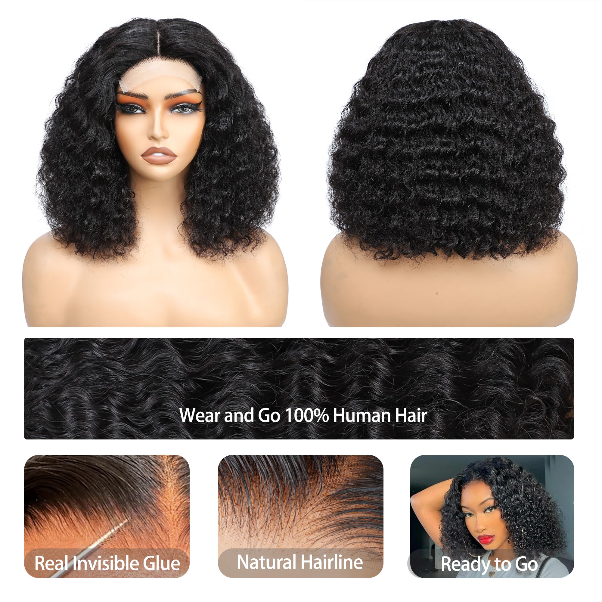 Roserer 14 Inch Wear and Go Glueless Wig Human Hair 100% Brazilian Virgin Deep Wave Bob Wig Human Hair Pre Plucked 180% Density 4x4 HD Lace Curly Glueless Wigs for Black Women - Image 2