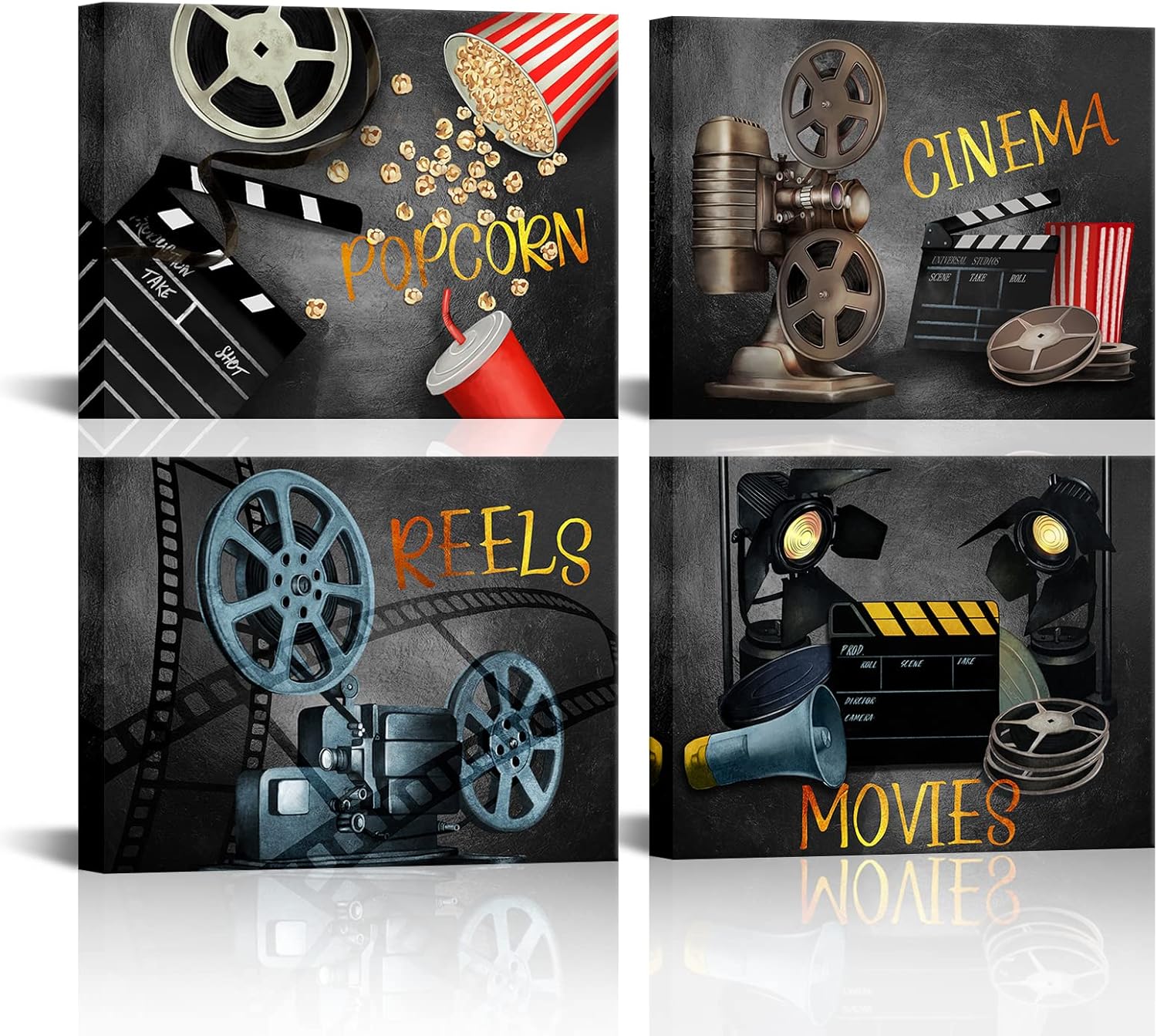 LyerArtork Vintage Movie Theater Wall Decor Set Filmmaking Clapper Board Popcorn painting Posters Film Reels Picture Prints for Modern Home Theater Room Cinema Decoration 12x16inchx4pcs