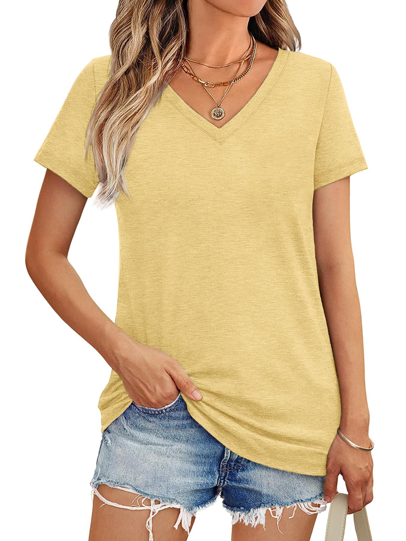 Camiseta de manga corta con cuello en V para mujer, color liso, casual, ajuste cómodo, suave, elástica, para uso diario, 1/3 piezas