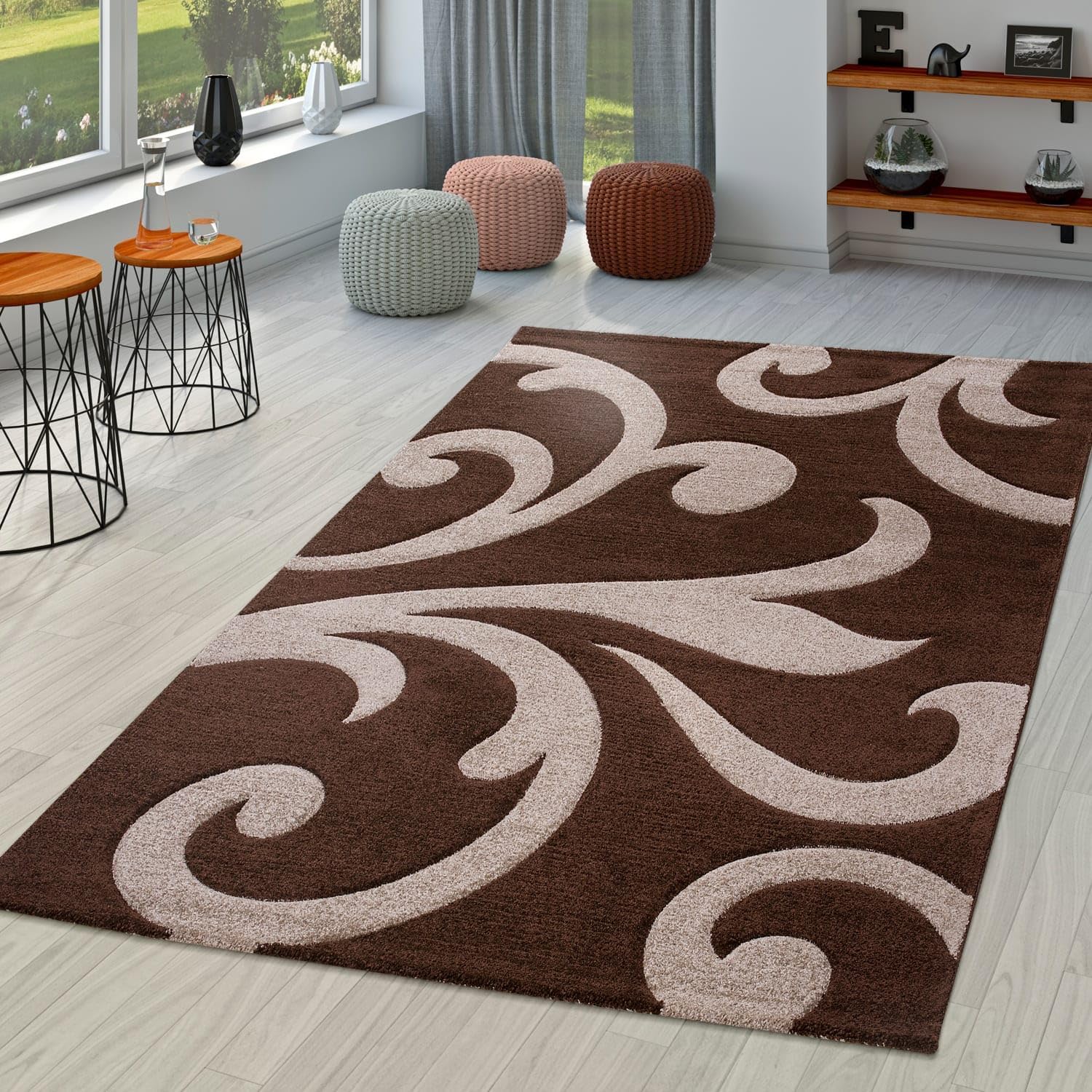 Paco Home Brown Beige Area Rug with Contour Cut and Modern Floral Pattern, Size: 6'7" x 9'6"