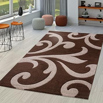 Paco Home Brown Cream Area Rug with Contour Cut and Modern Floral Pattern, Size 4 x 57"