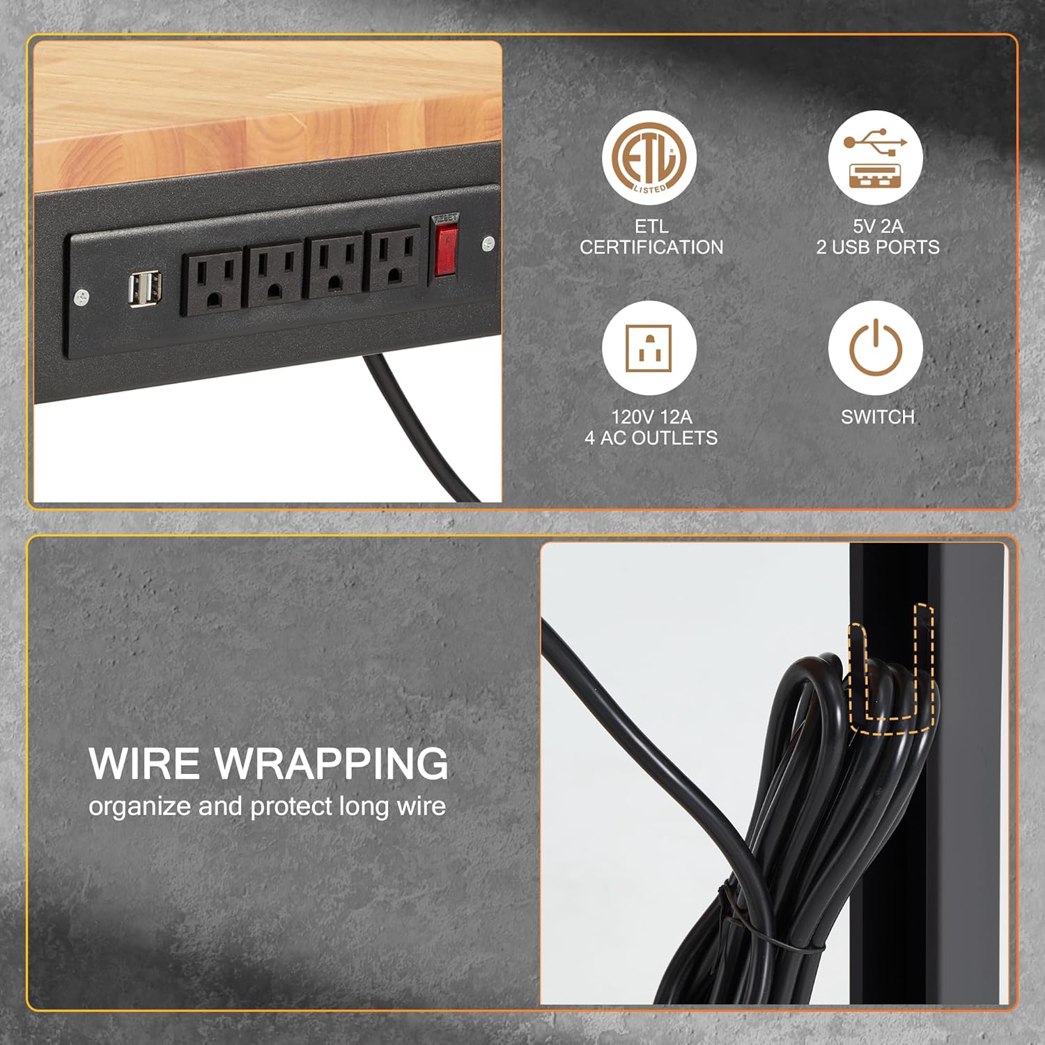 Heavy Duty Workbench Adjustable, Solid Wood Working Bench, Work Tables with Power Outlets for Home Office, 2000 Lbs Capacity (48 inch with feet)