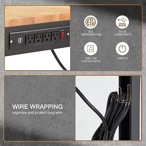 Miniatura 7 de AHB Banco de trabajo de 48 pulgadas de altura ajustable, mesa de trabajo de madera maciza con tomas de corriente, máximo 2000 libras, estación de