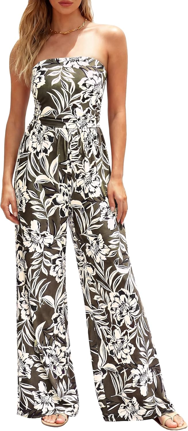 BTFBM Jumpsuits For Women Casual 2026 Floral Strapless Jumpsuit Wide Leg Rompers Beach Vacation Clothes Summer Outfits