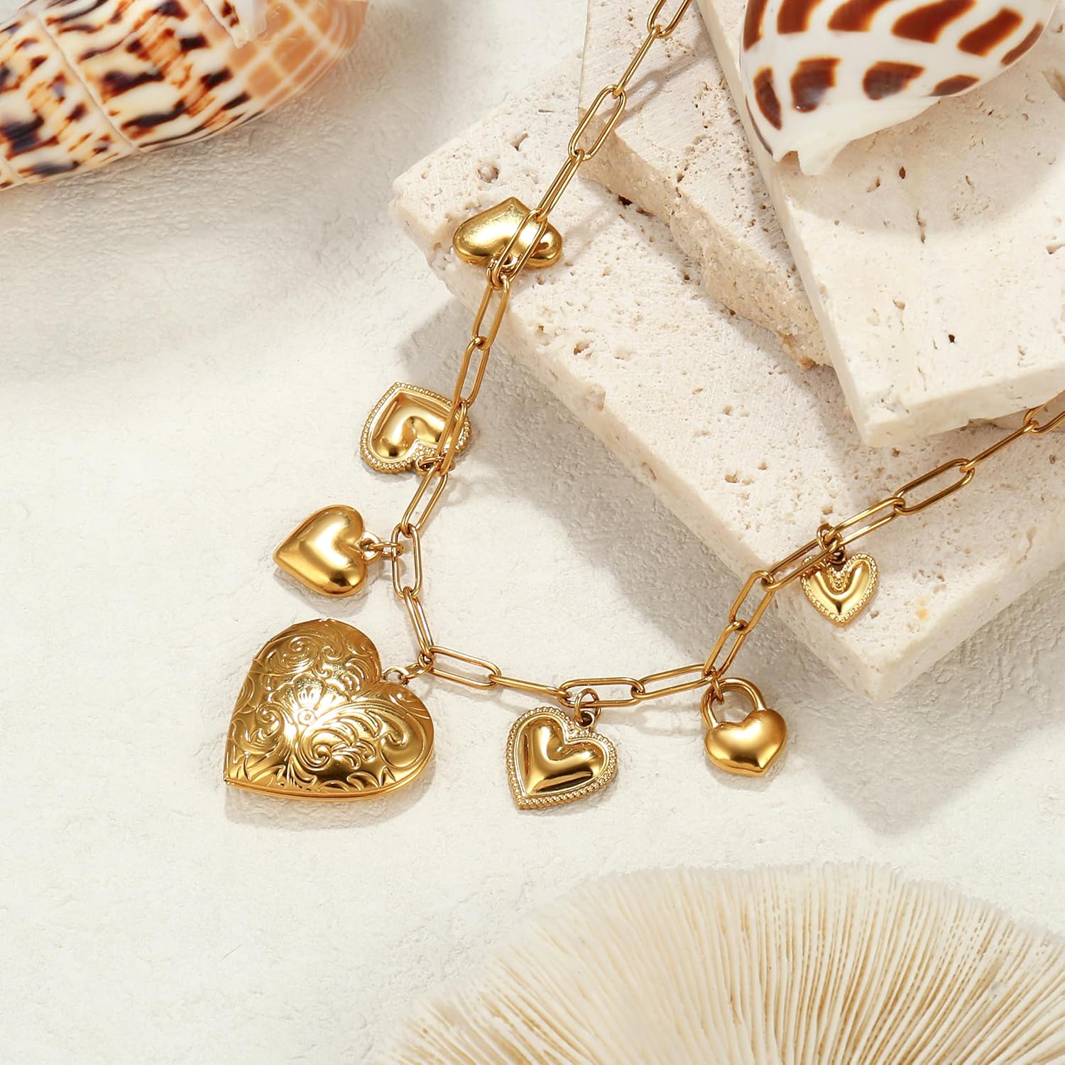 18K Chunky Gold Charm Necklace for Women,Heart Chain Bow Pendant Paperclip Necklace Summer Beach Jewelry - Image 4