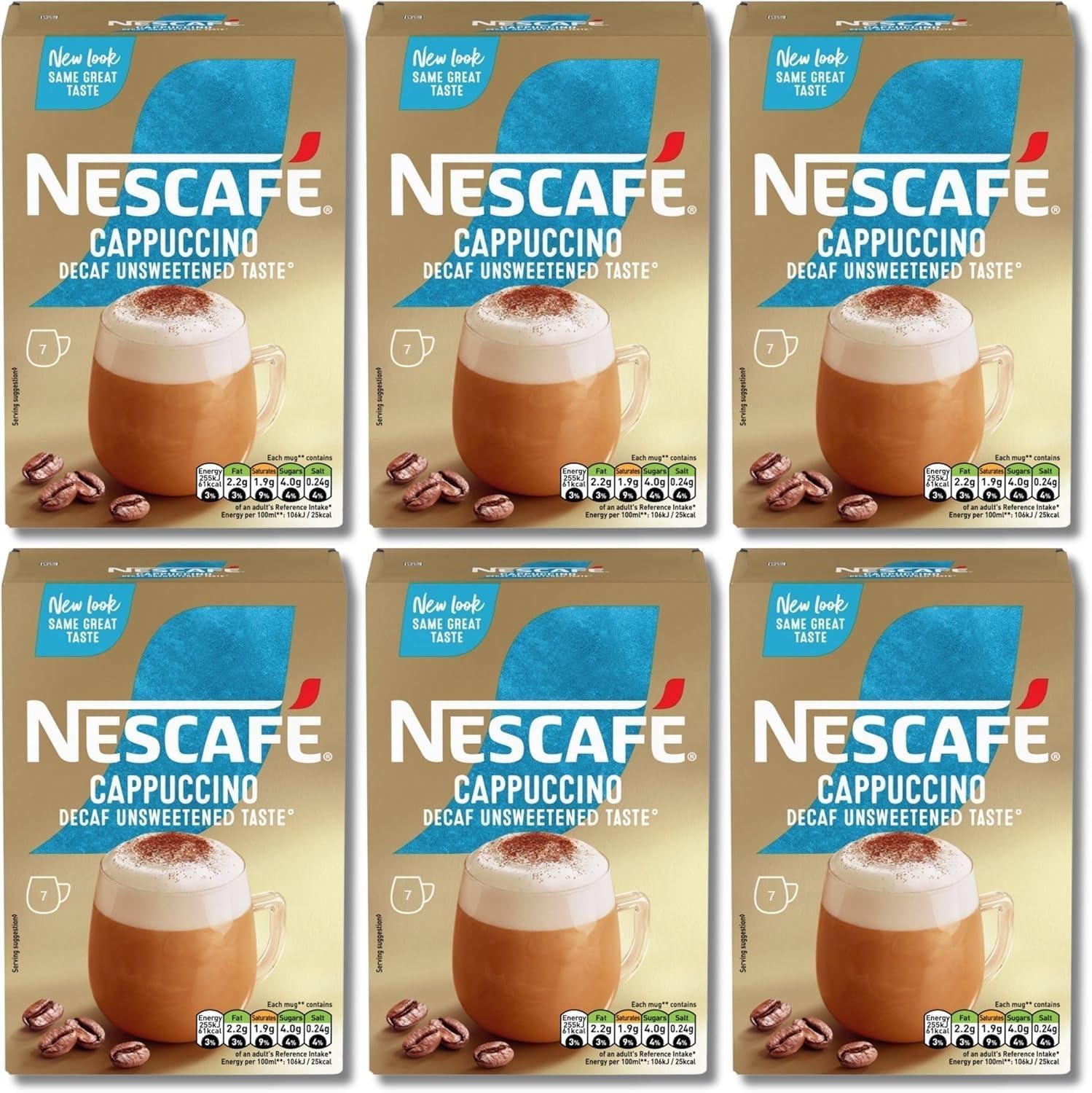NESCAFÉ Cappuccino Decaffeinated Unsweetened Coffee Sachets x7 (Pack of 6, Total 42 Decaf Sachets)