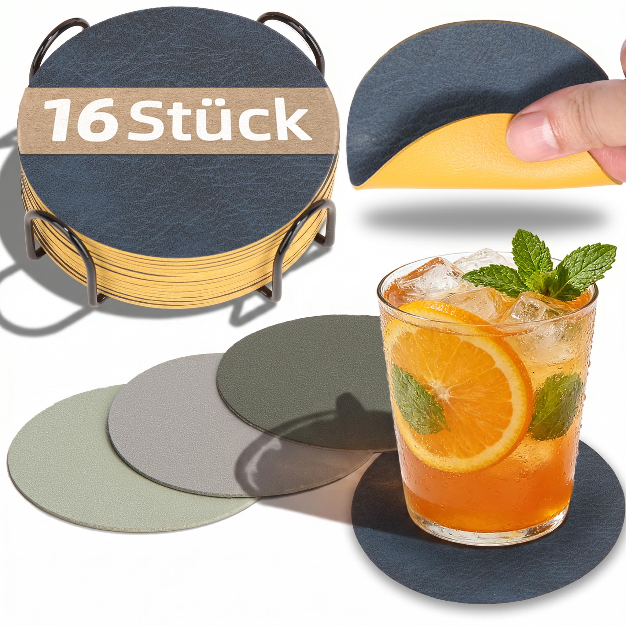 HELI MIAO 16 Stück Untersetzer Gläser, Doppelseitige Glasuntersetzer aus Kunstleder – Rund, rutschfest & hitzebeständig – Inkl. Aufbewahrungsständer (10cm, Blau+gelb) – Für Tisch, Bar, Outdoor