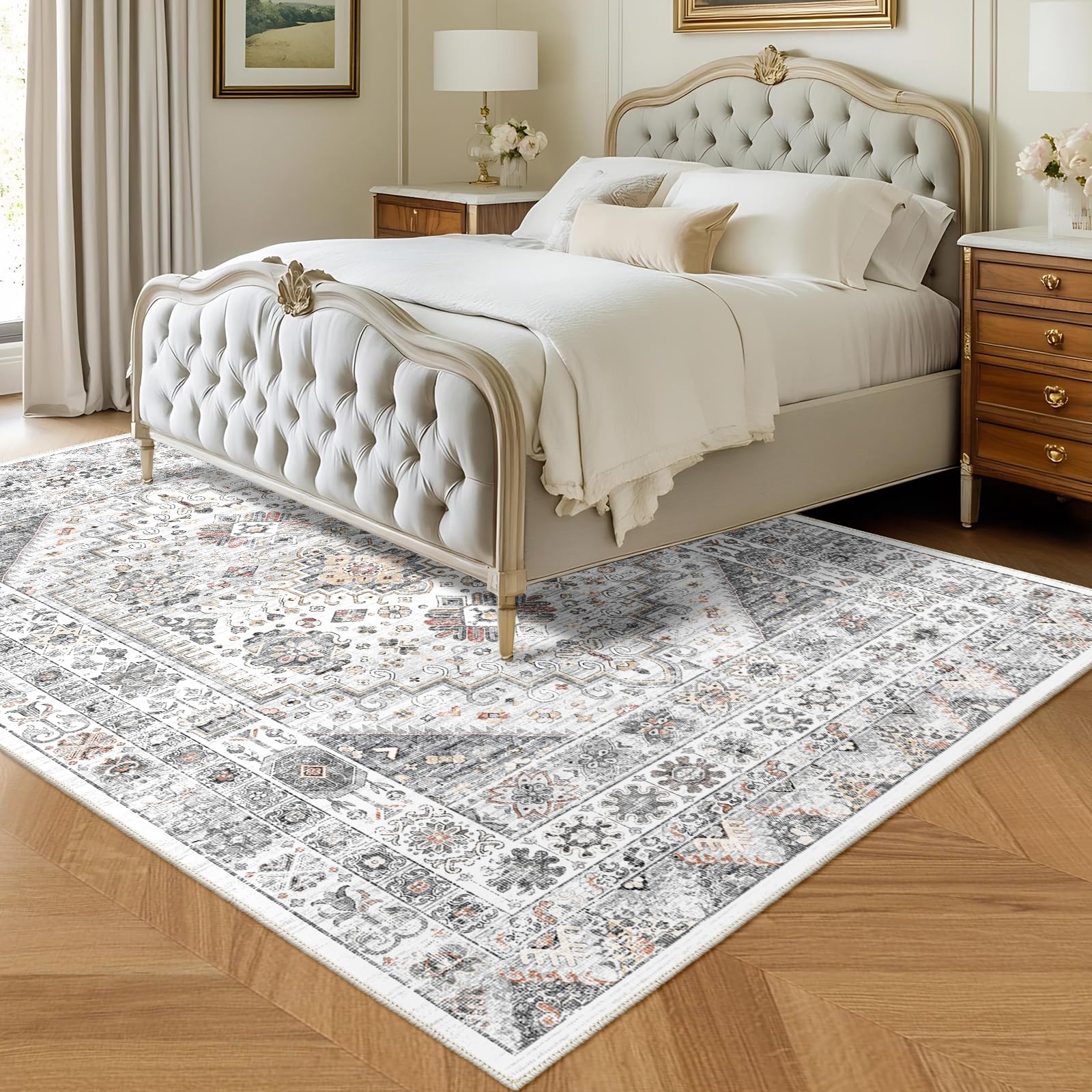 SONGLET 160x230cm Washable Area Rug, Low pile soft Carpets,Living Room Printed Carpet, Persian Rugs,Vintage Floor Rug For Bedroom Grey Carpets